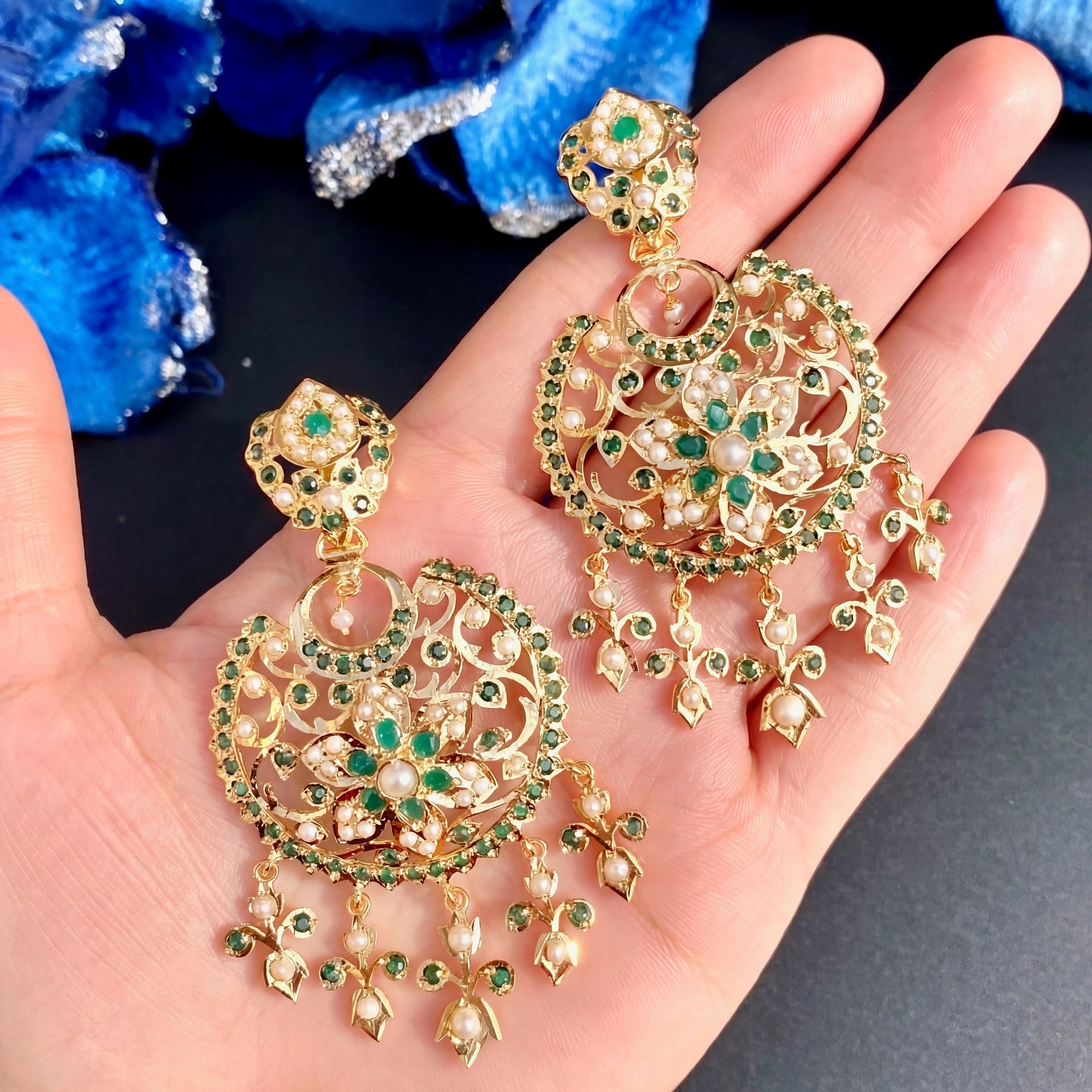 Antique Style Chandbali Earrings | Emerald Green Stones & Pearls | Real Gold Looks ER 664