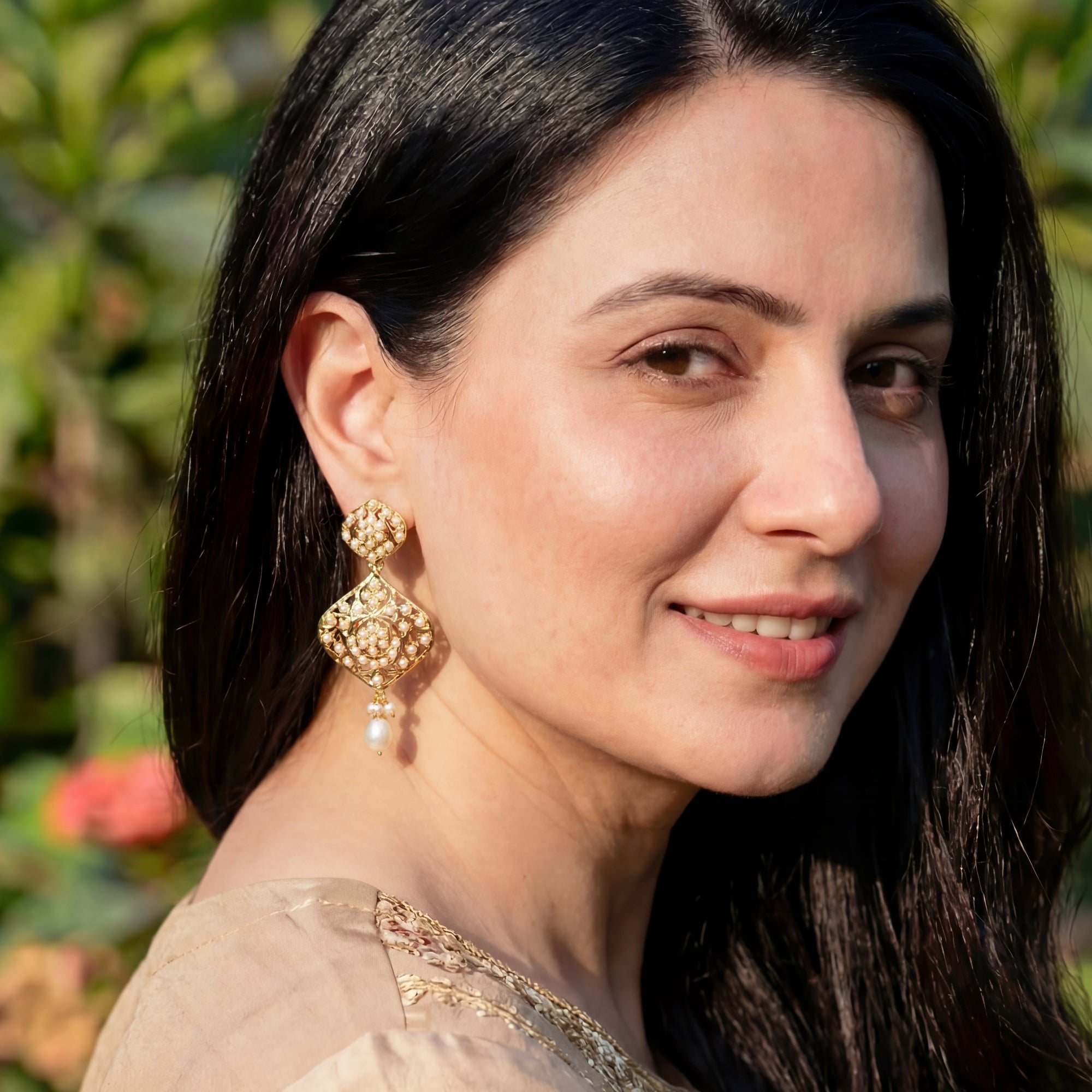 Pearl Lace Drop Jadau Earrings | Gold Plated Silver ER 727