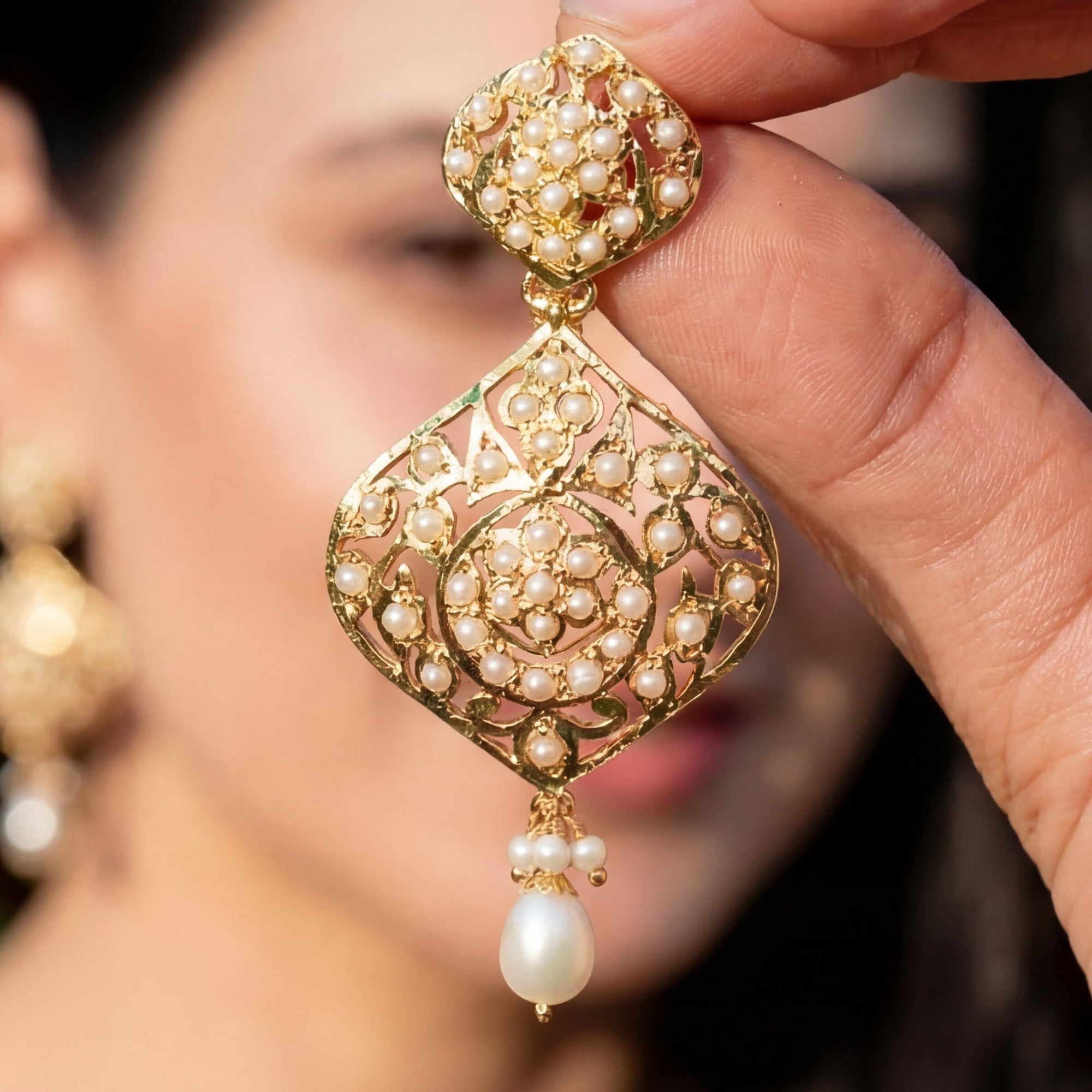 Pearl Lace Drop Jadau Earrings | Gold Plated Silver ER 727