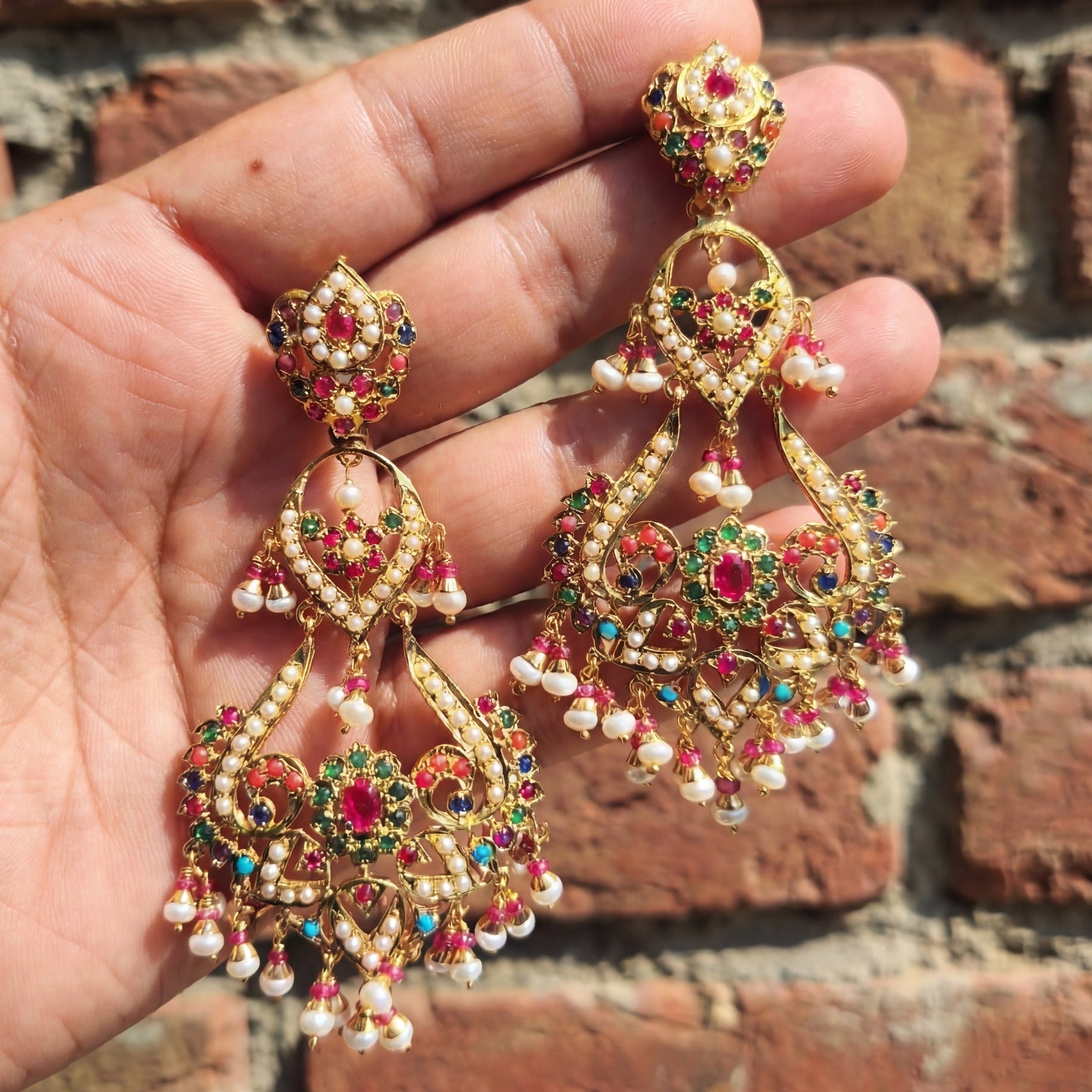 Classic Punjabi Jadau Earrings | Navratna Colors | Gold Plated on Silver ER 667