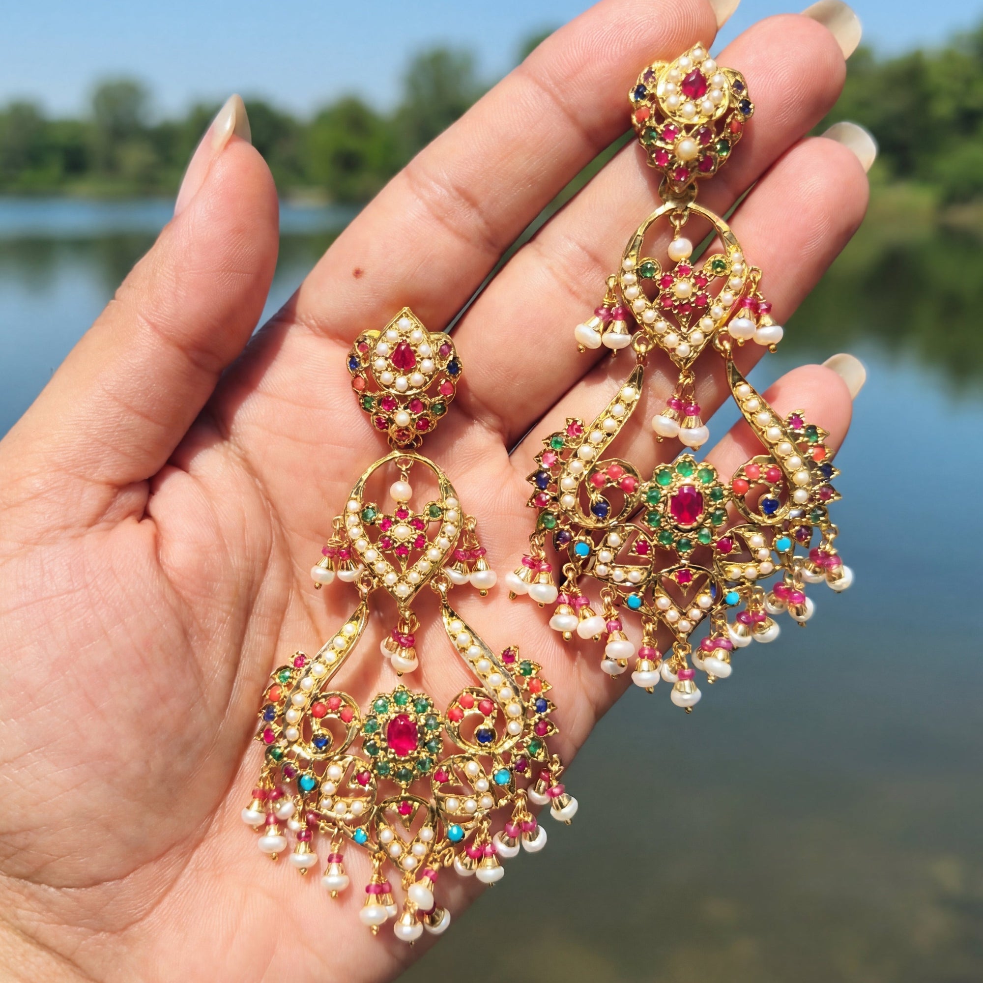 Classic Punjabi Jadau Earrings | Navratna Colors | Gold Plated on Silver ER 667