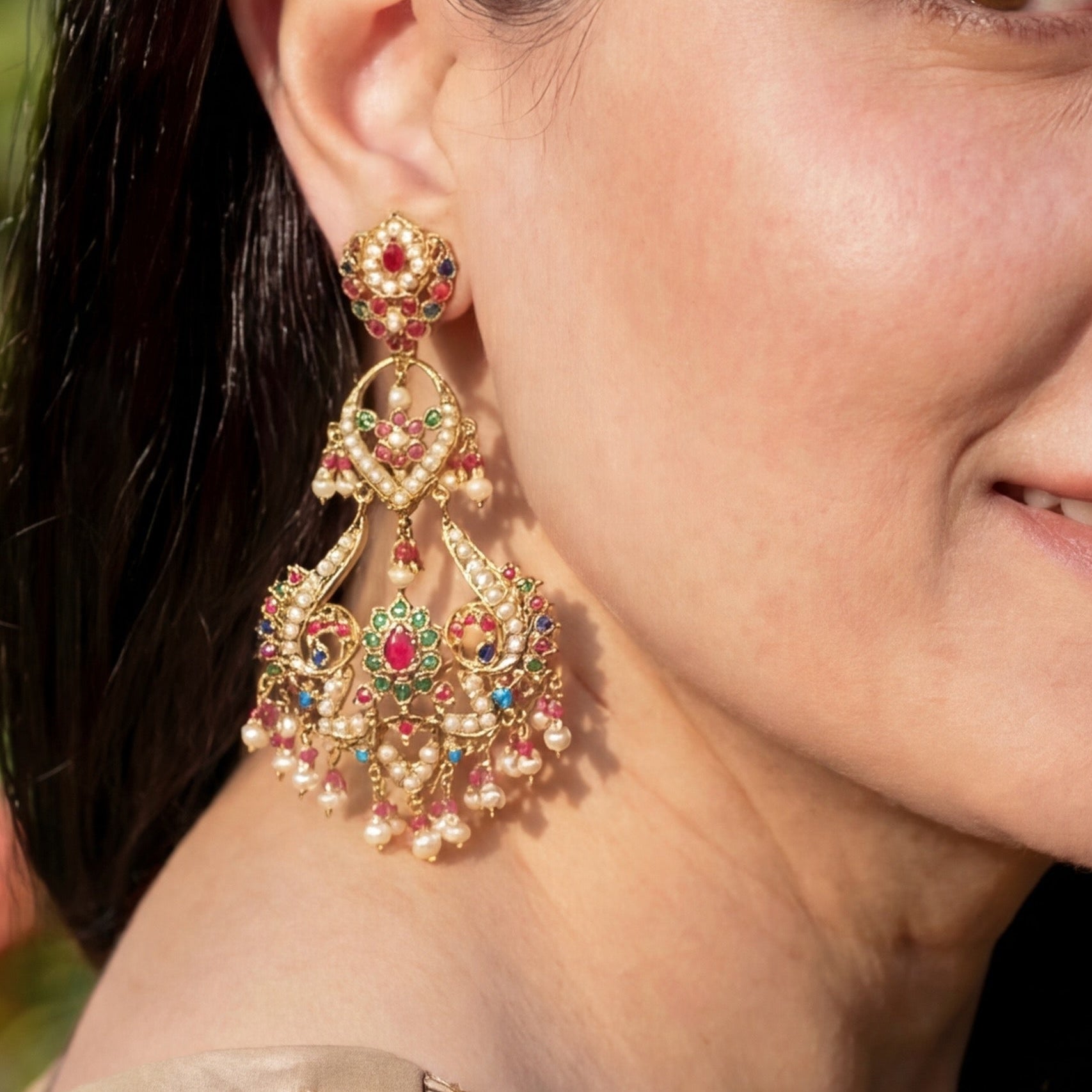 Classic Punjabi Jadau Earrings | Navratna Colors | Gold Plated on Silver ER 667