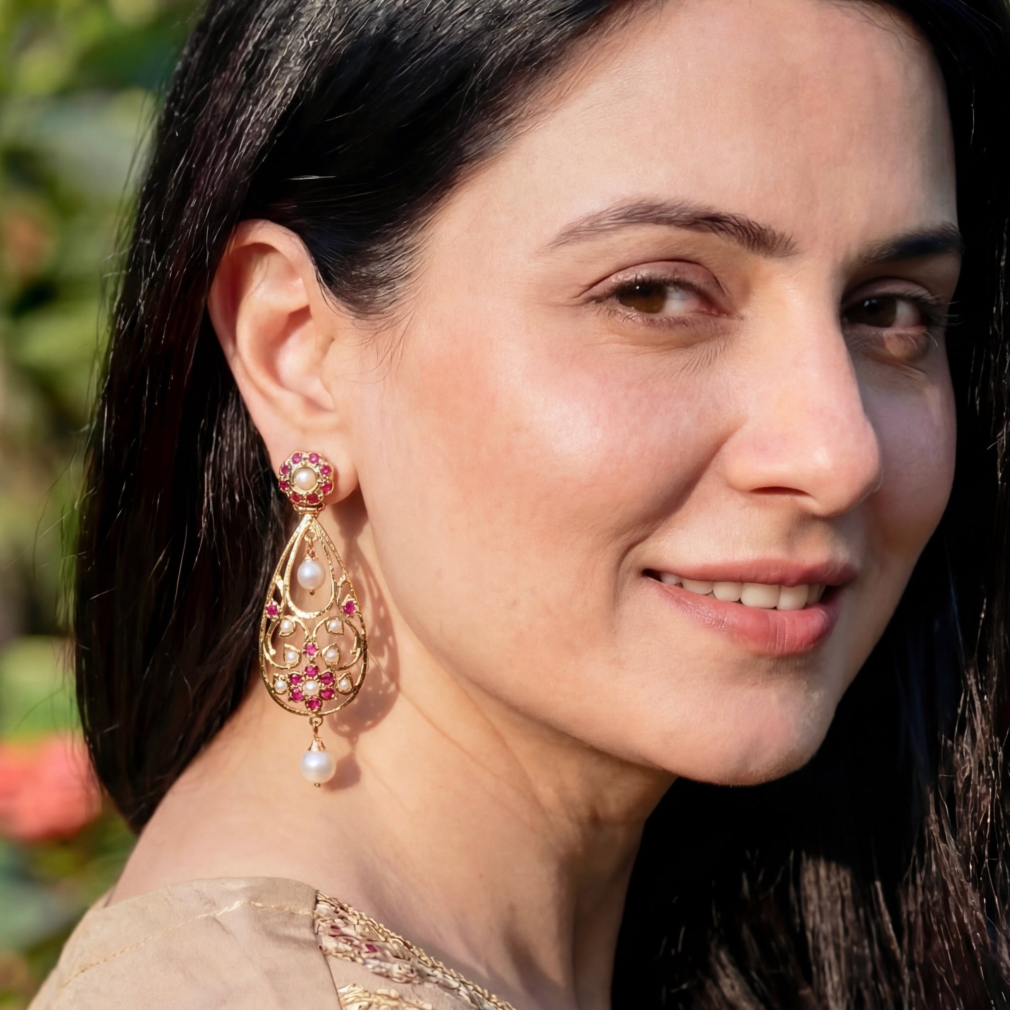 Cute Indo Western Jadau Earrings | Gold Plated on Silver | Ruby Peral Comnbination ER 653