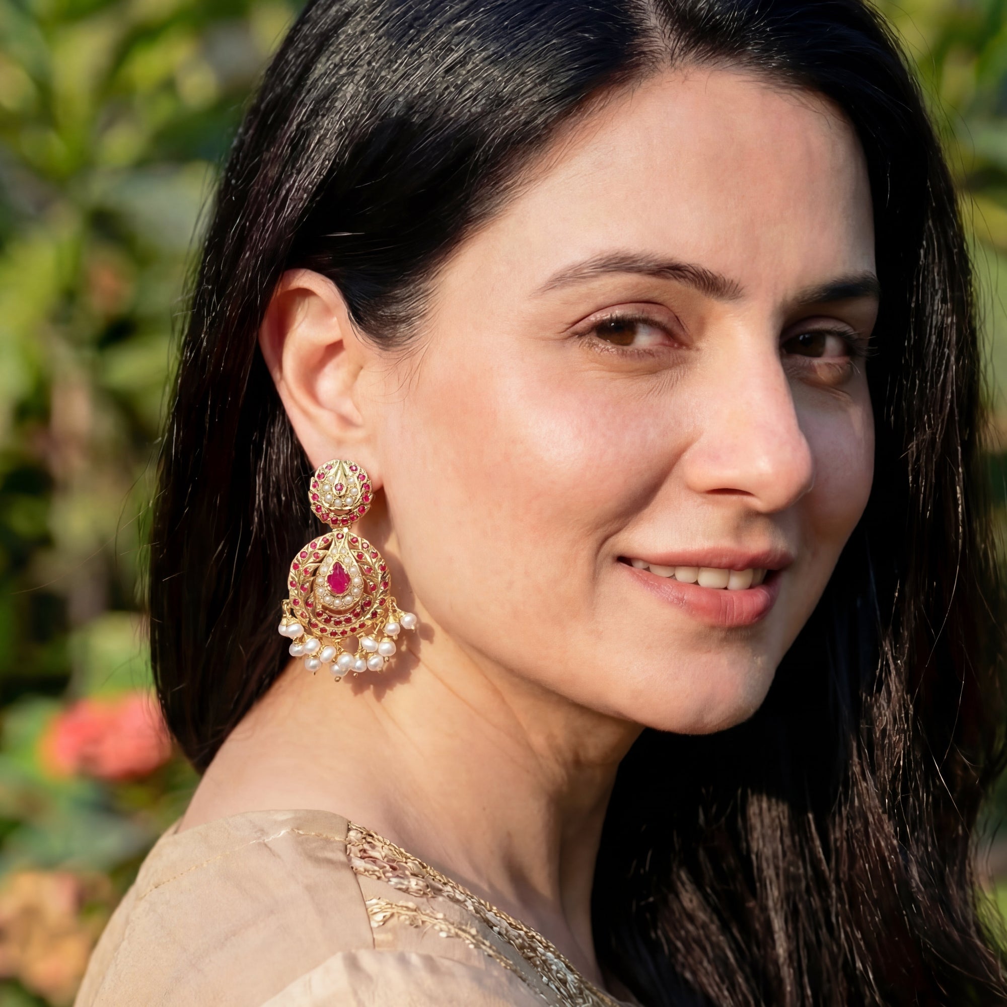 Gold Plated Ruby and Pearl Earrings in Silver ER 190