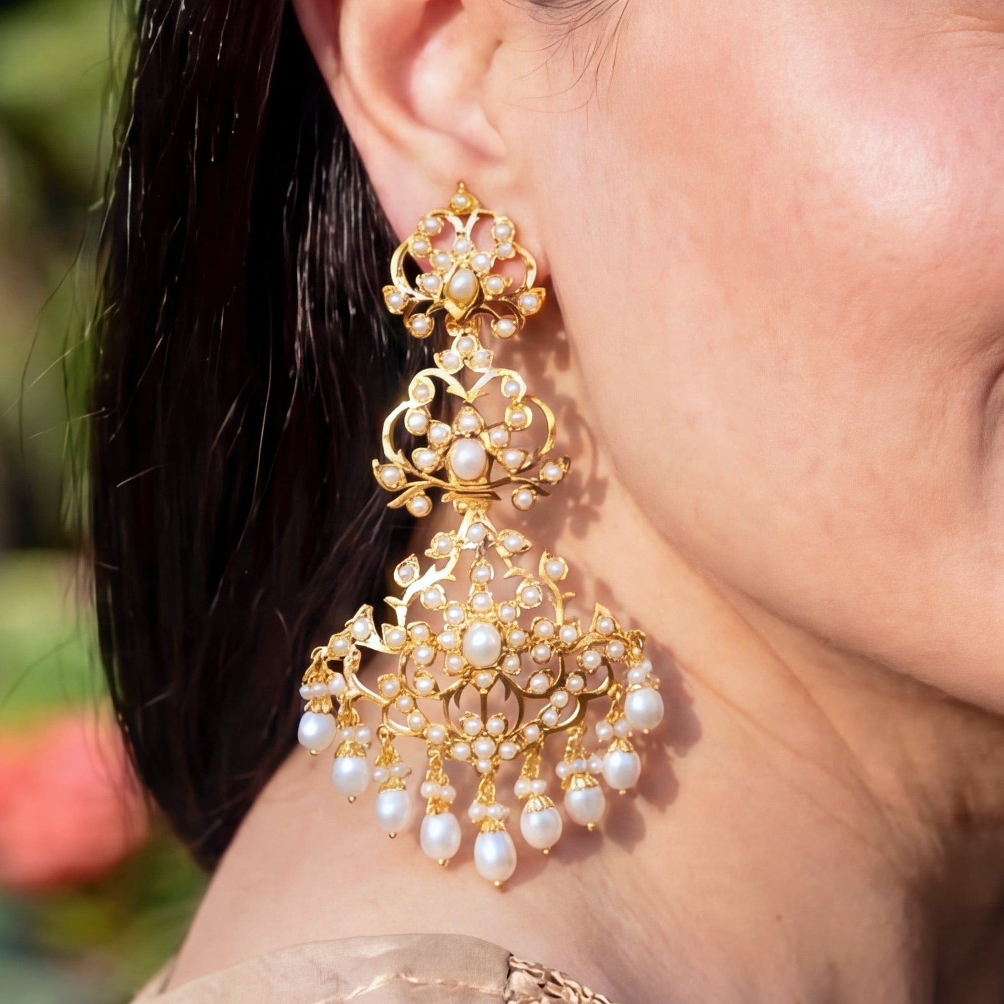 Pearl Danglers on Sterling Silver Base | Real Gold like Craftsmanship on 925 Silver ER 674