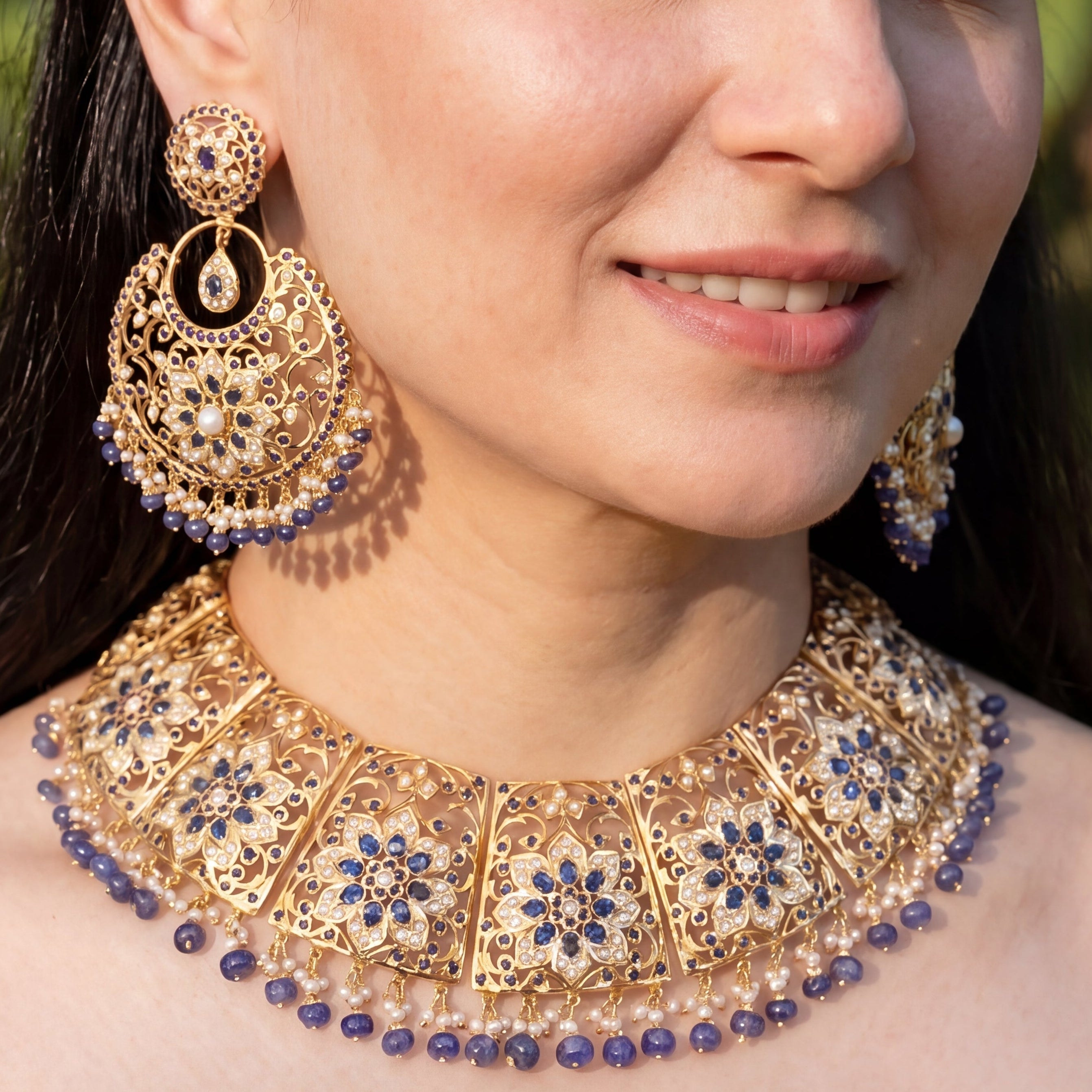 బ్రైడల్ ఇండియన్ నెక్లెస్ | పెళ్లి చెవిపోగులు | స్టెర్లింగ్ సిల్వర్ NS 227పై బంగారం పూత పూయబడింది