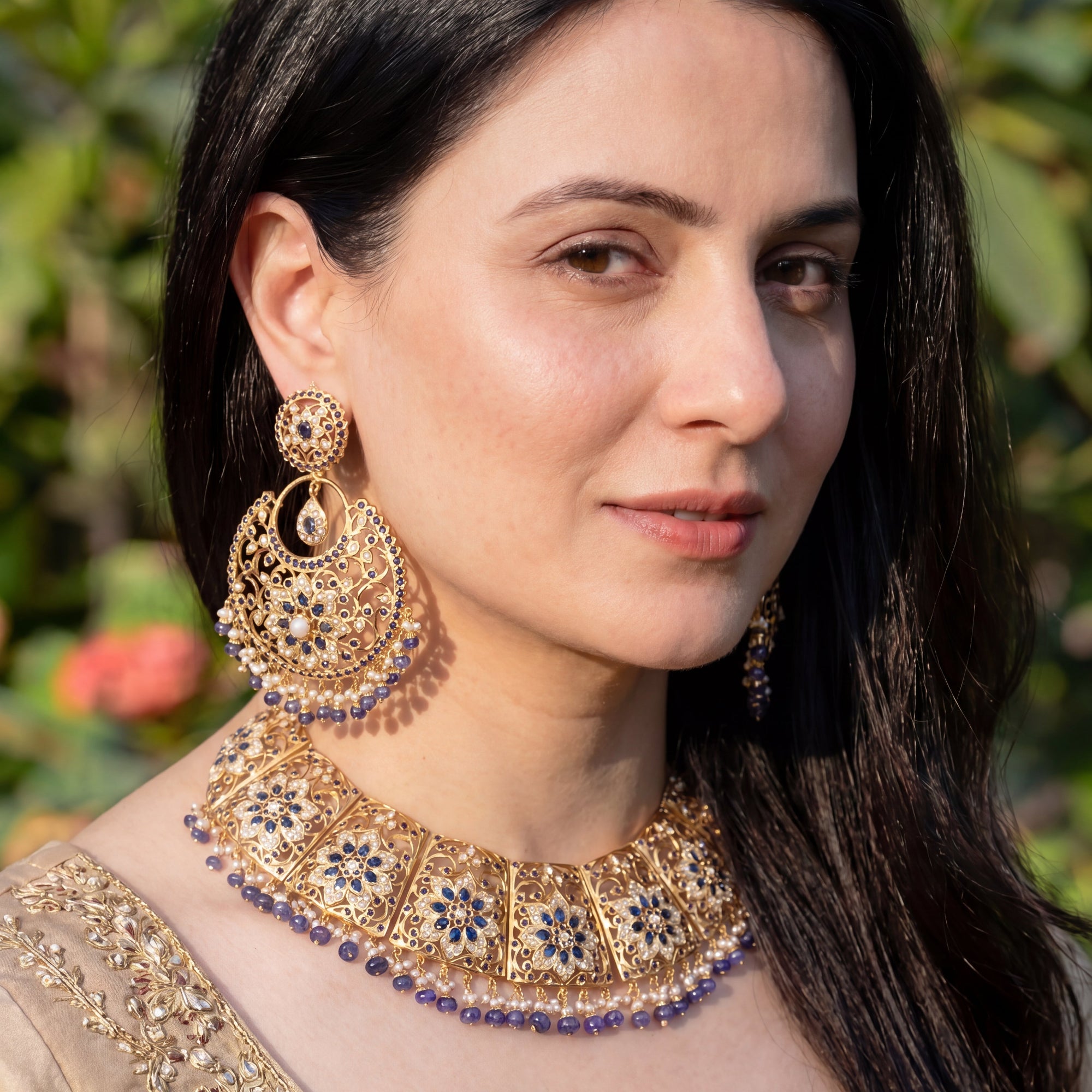 బ్రైడల్ ఇండియన్ నెక్లెస్ | పెళ్లి చెవిపోగులు | స్టెర్లింగ్ సిల్వర్ NS 227పై బంగారం పూత పూయబడింది