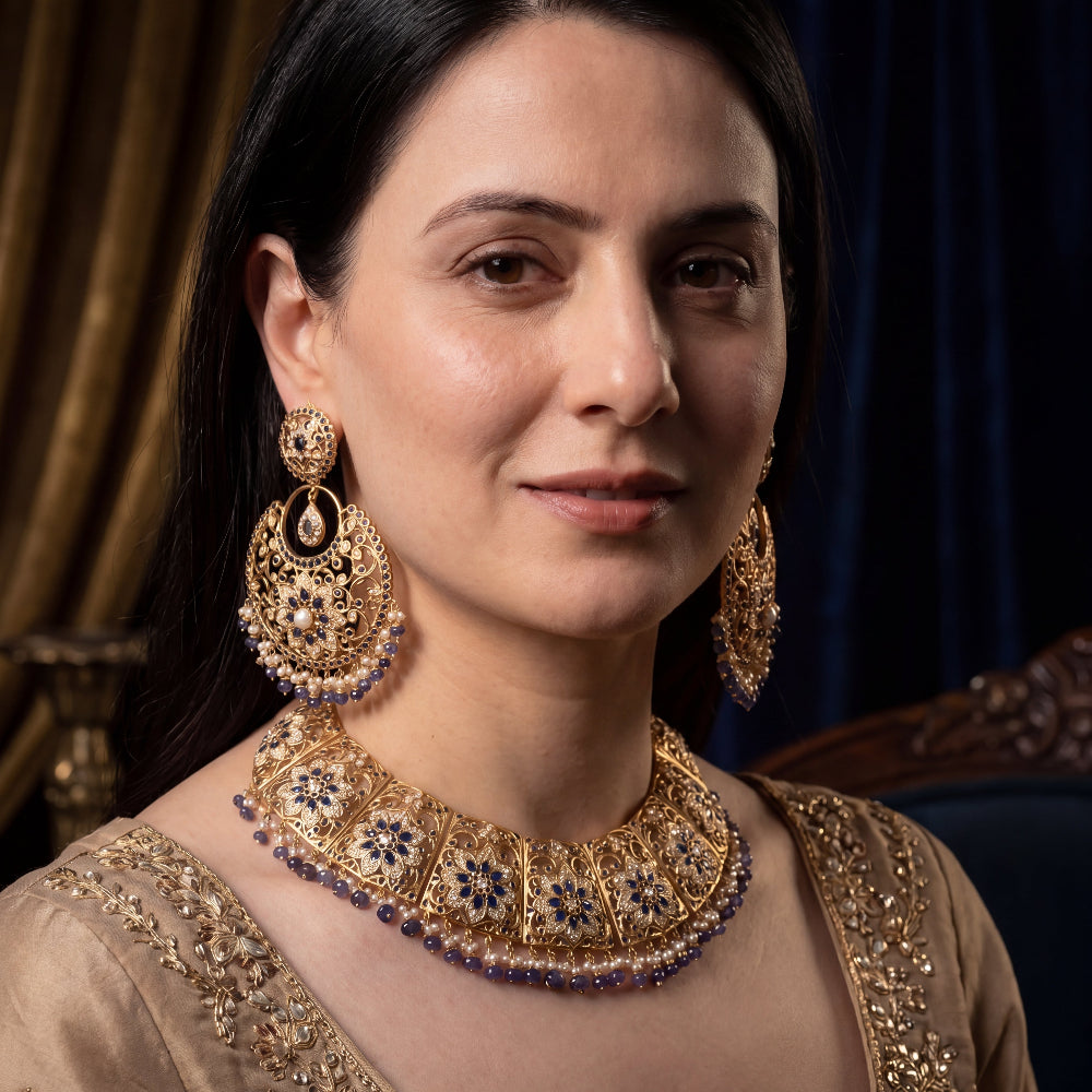 బ్రైడల్ ఇండియన్ నెక్లెస్ | పెళ్లి చెవిపోగులు | స్టెర్లింగ్ సిల్వర్ NS 227పై బంగారం పూత పూయబడింది