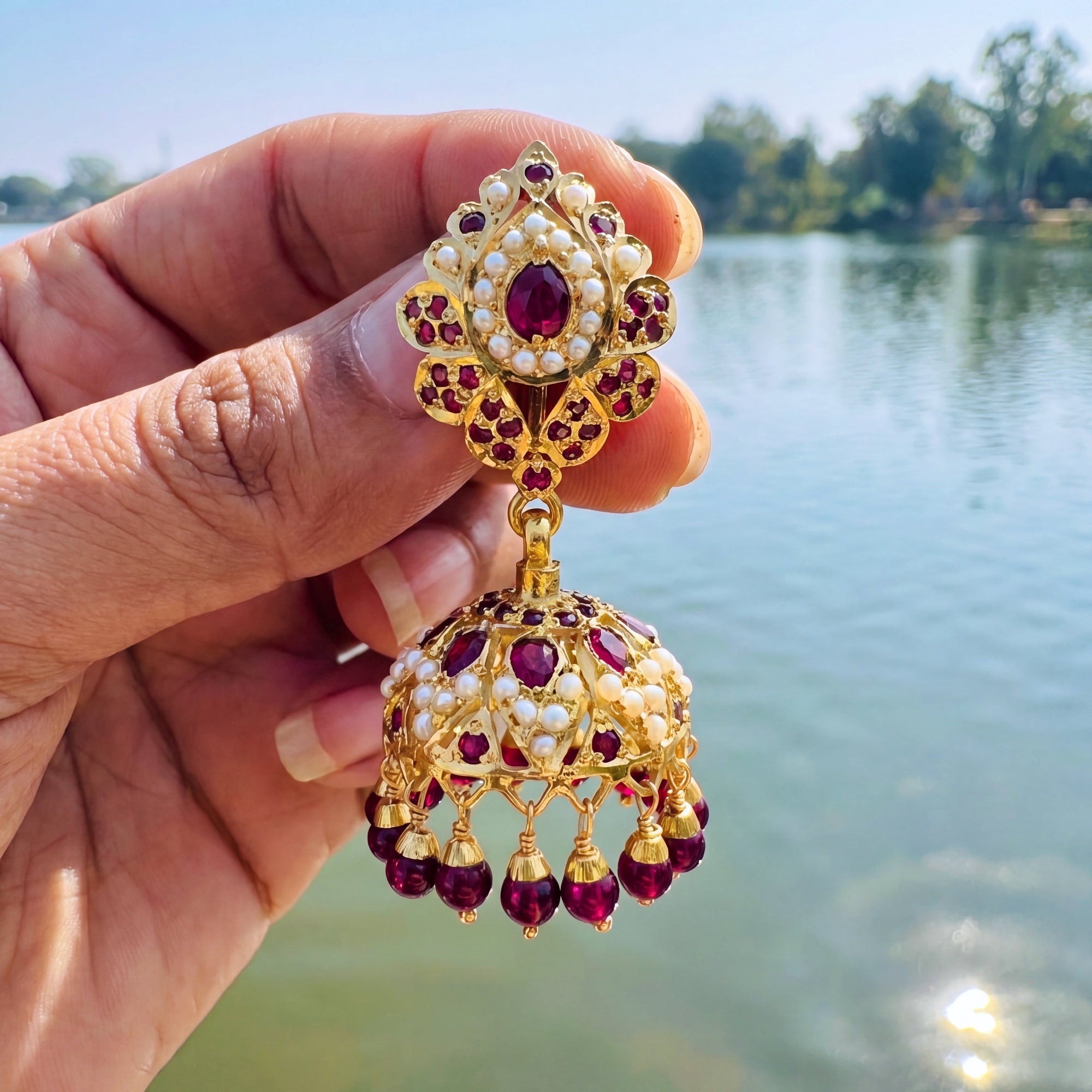 Pearl & Garnet Jhumka Earrings | Gold Plated Luxury Jadau on Silver Base ER 677