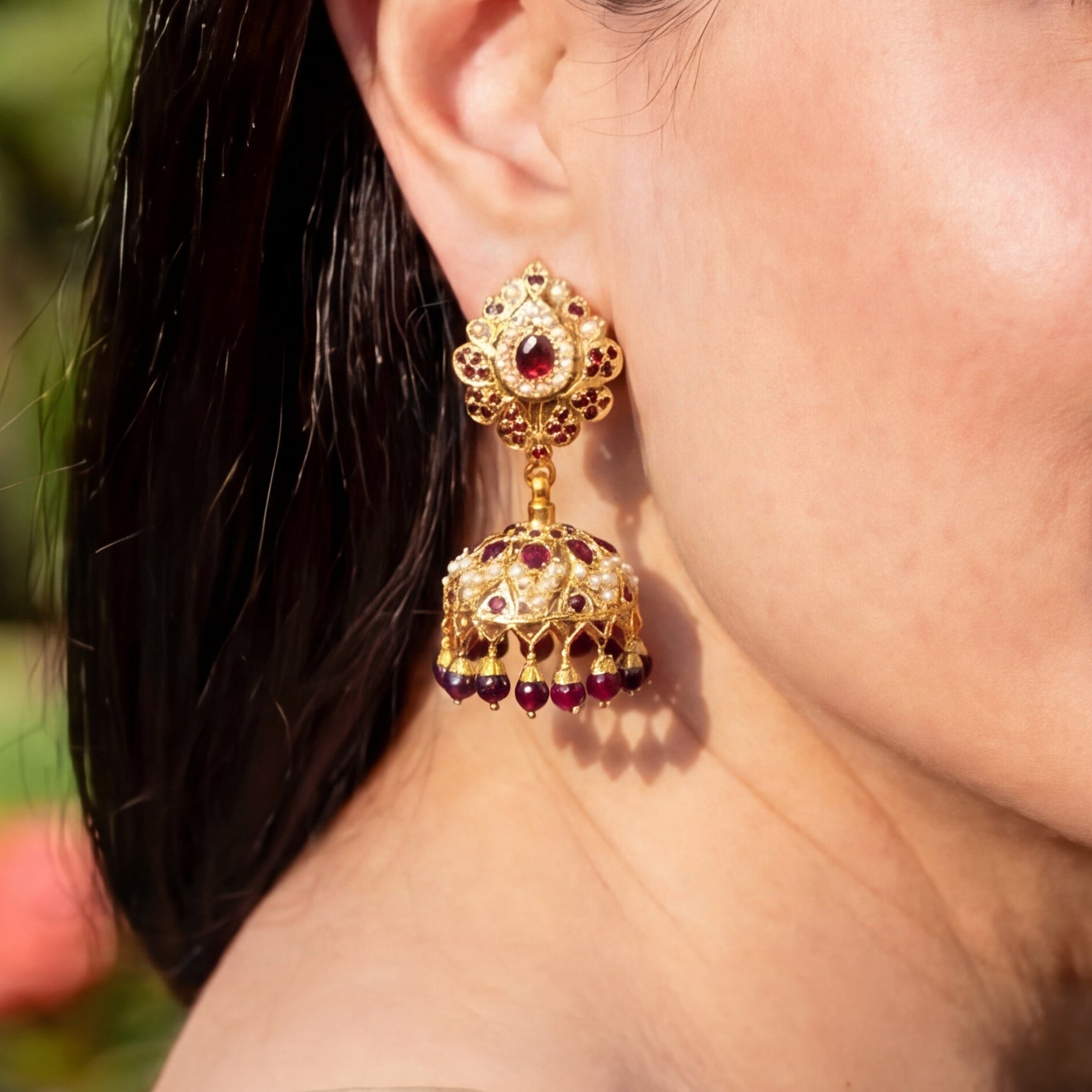 Pearl & Garnet Jhumka Earrings | Gold Plated Luxury Jadau on Silver Base ER 677