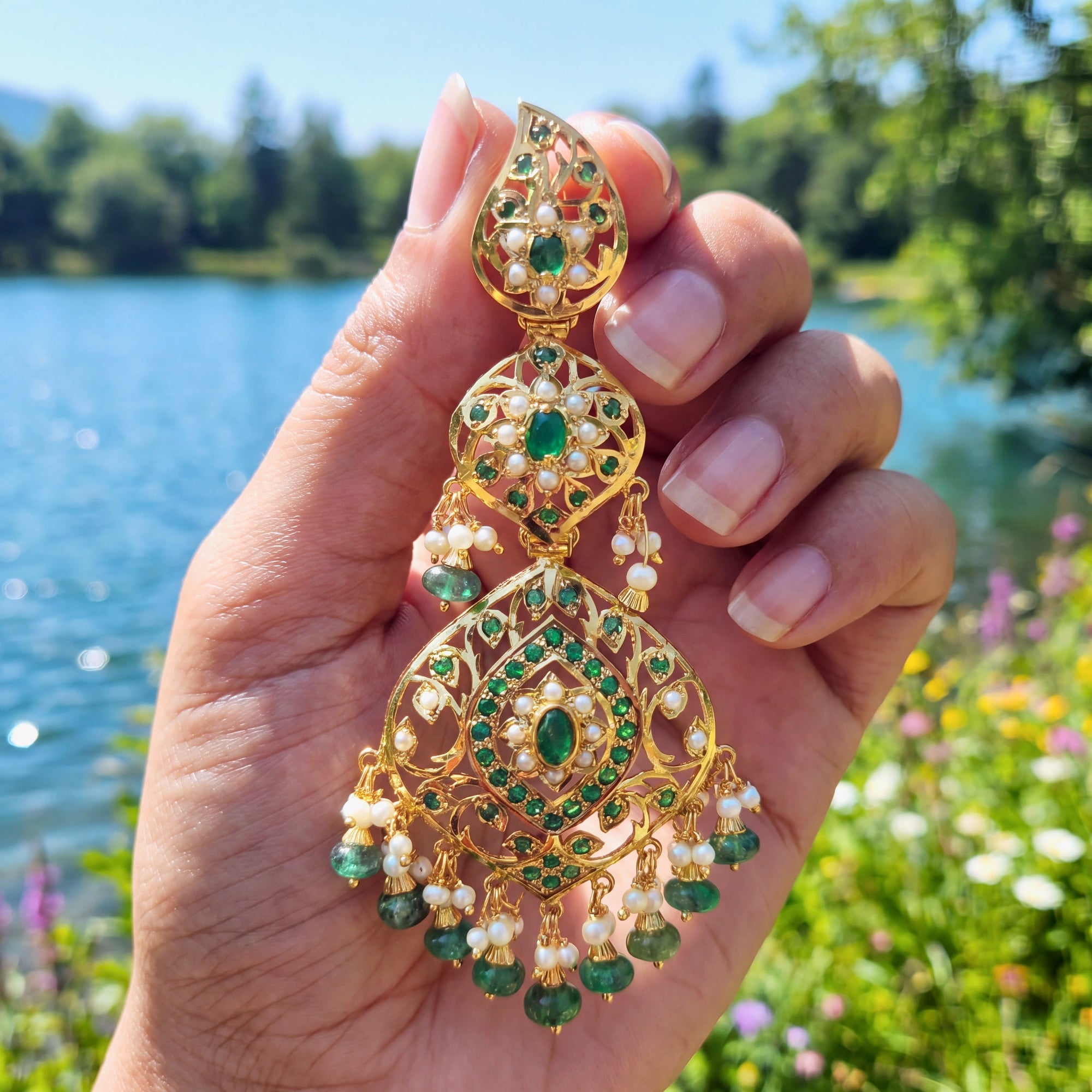 Emerald Green Dangler Earrings for Women | Gold Plated on Sterling Silver ER 679