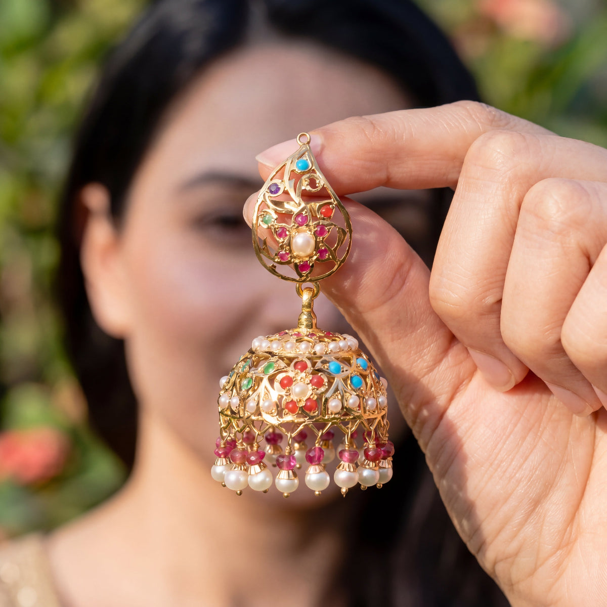 Navratna Jhumka | Real Gold Indian Jewelry | Precious gems GER 107