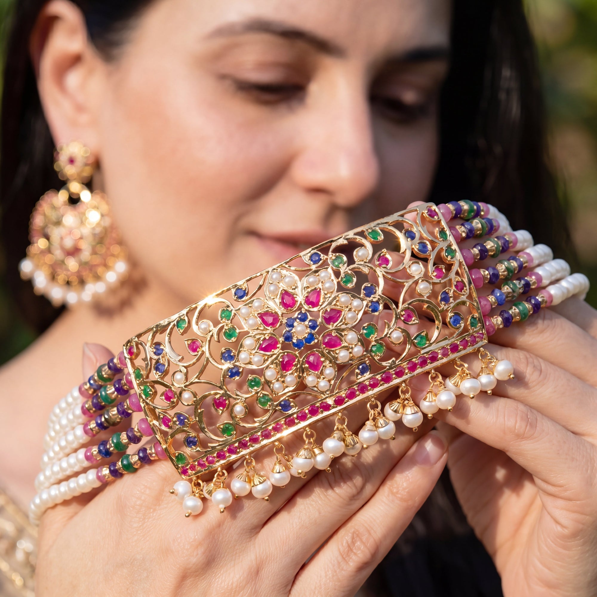 Multicolored Jadau Choker Set | Ethnic Indian Fashion Jewelry on Silver Base NS 416