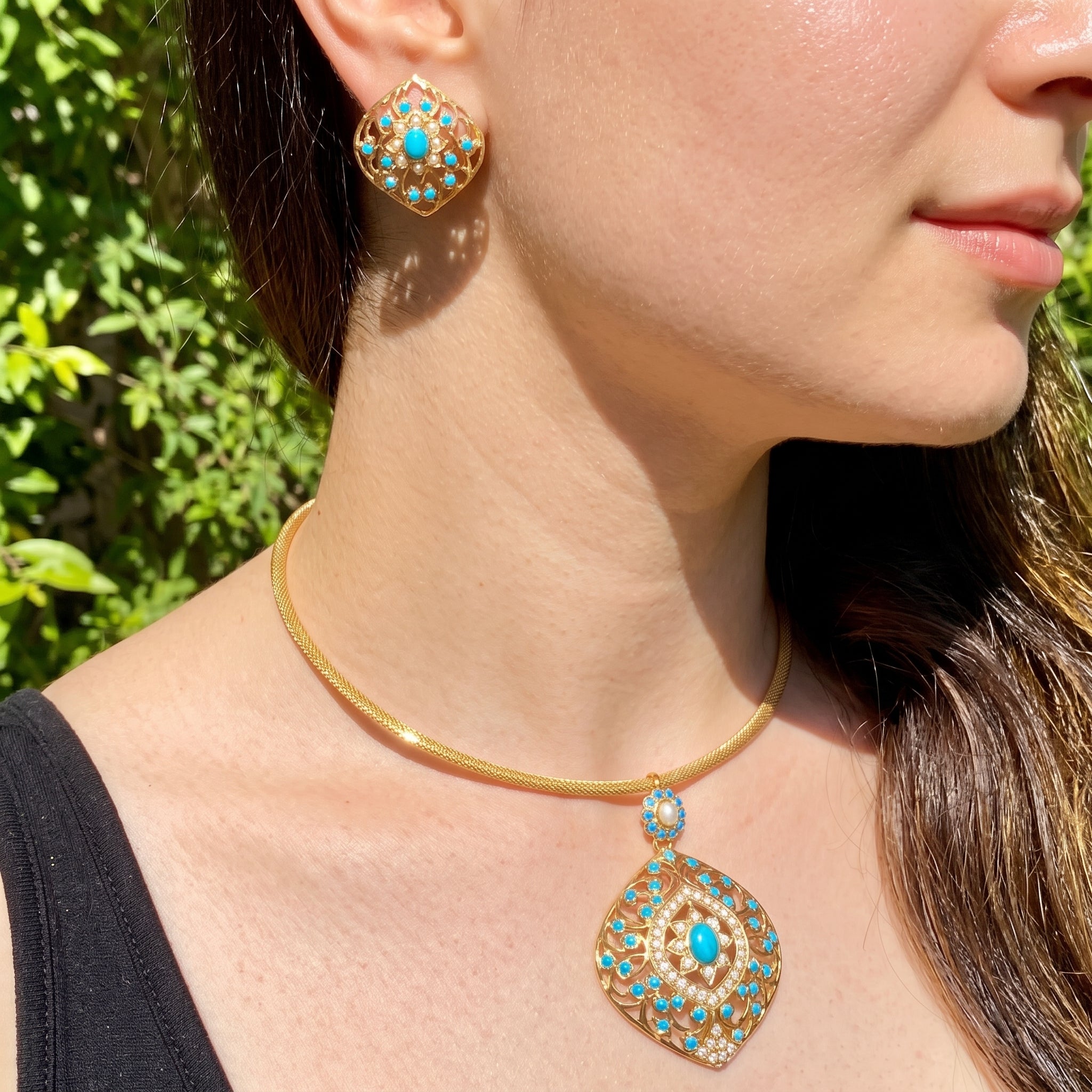 Antique look, Indo-Western wear, Gold Pendant Set | Pearls and Turquoise Studded GPS 025