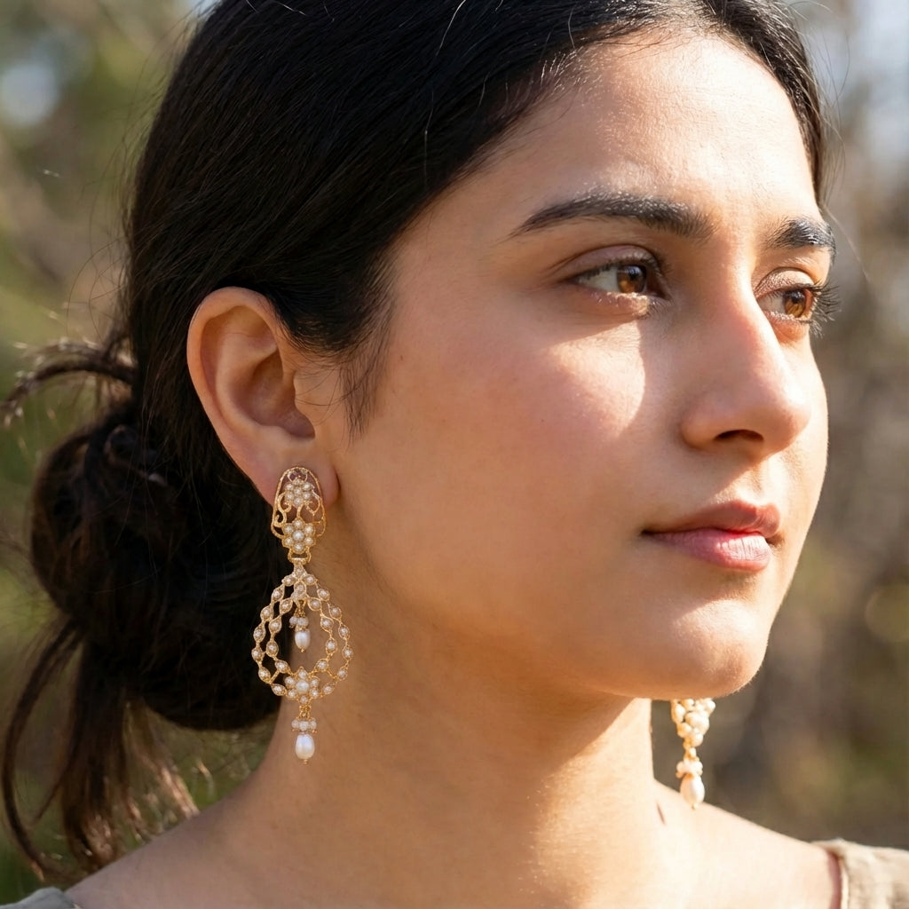 Premium Gold Plated Jadau Earrings | Sterling Silver Base ER 635