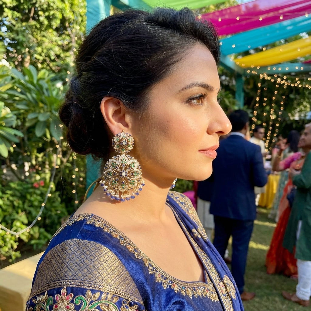 गोल्ड प्लेटेड सिल्वर ER 309 में बहुरंगी स्टेटमेंट इयररिंग