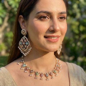 Floral Navratna Set | Sleek Necklace Paired with Large Earrings NS 331