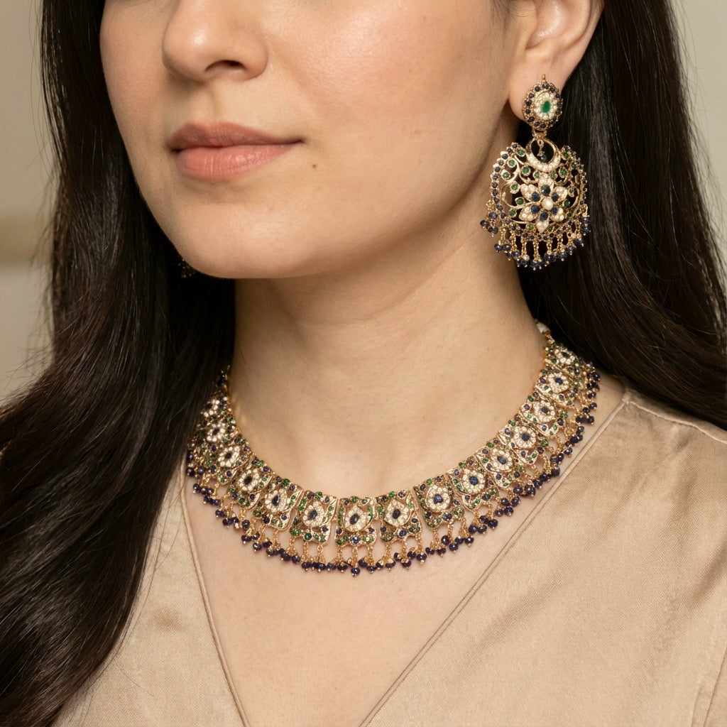 Opulent Jadau Necklace Set | Gold Plated on Silver NS 434