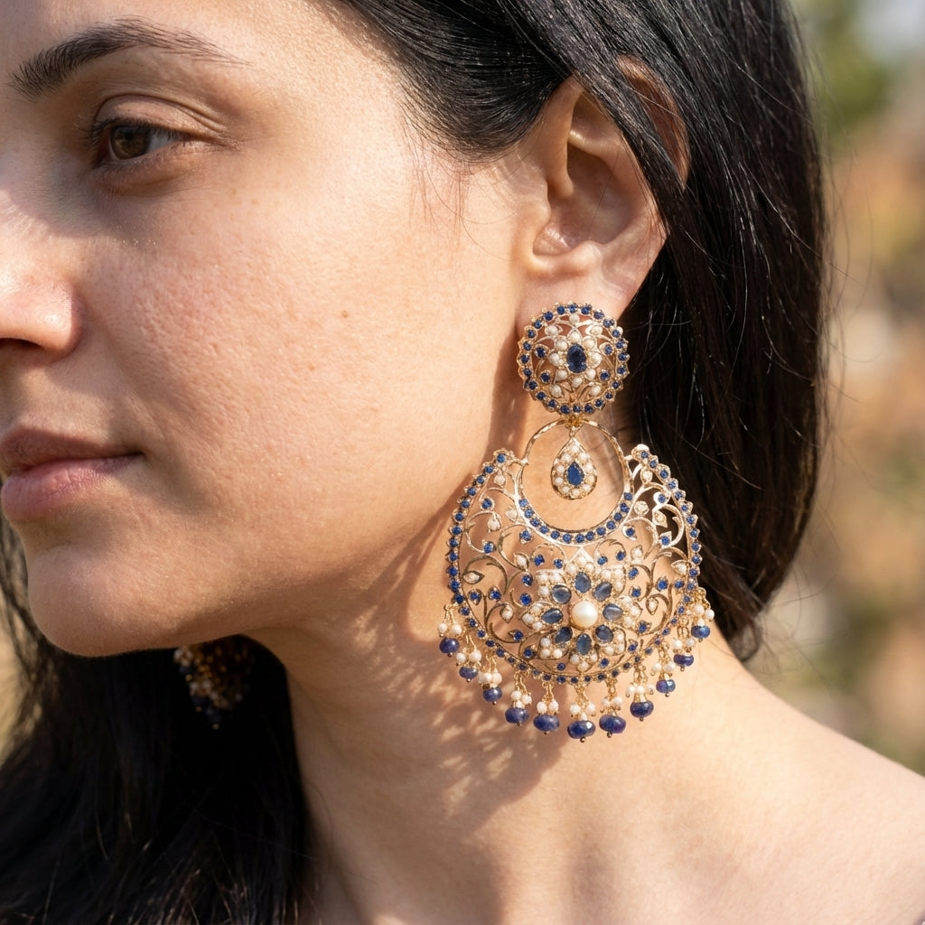 Magnificient Blue Sapphire Chandbalis | Gold Plated on Silver ER 557