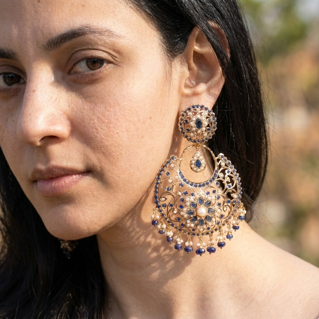 Magnificient Blue Sapphire Chandbalis | Gold Plated on Silver ER 557