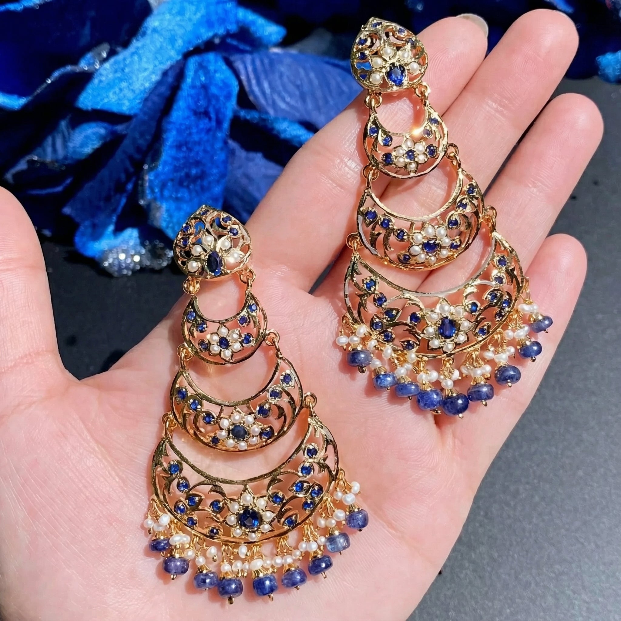 Pearl and Sapphire 3 Step Danglers | Gold Plated on Silver ER 442