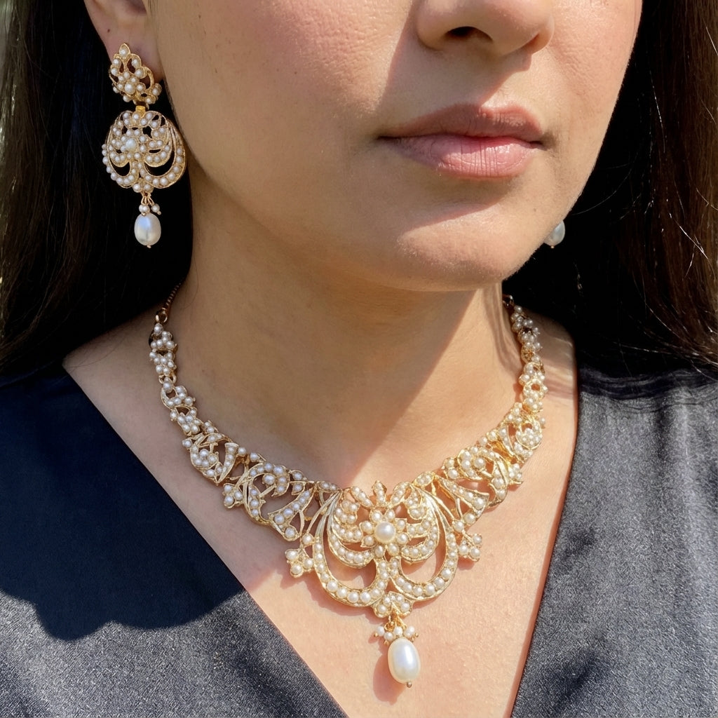 Vintage Style Pearl Necklace Set | Gold Plated on 925 Silver Base NS 441