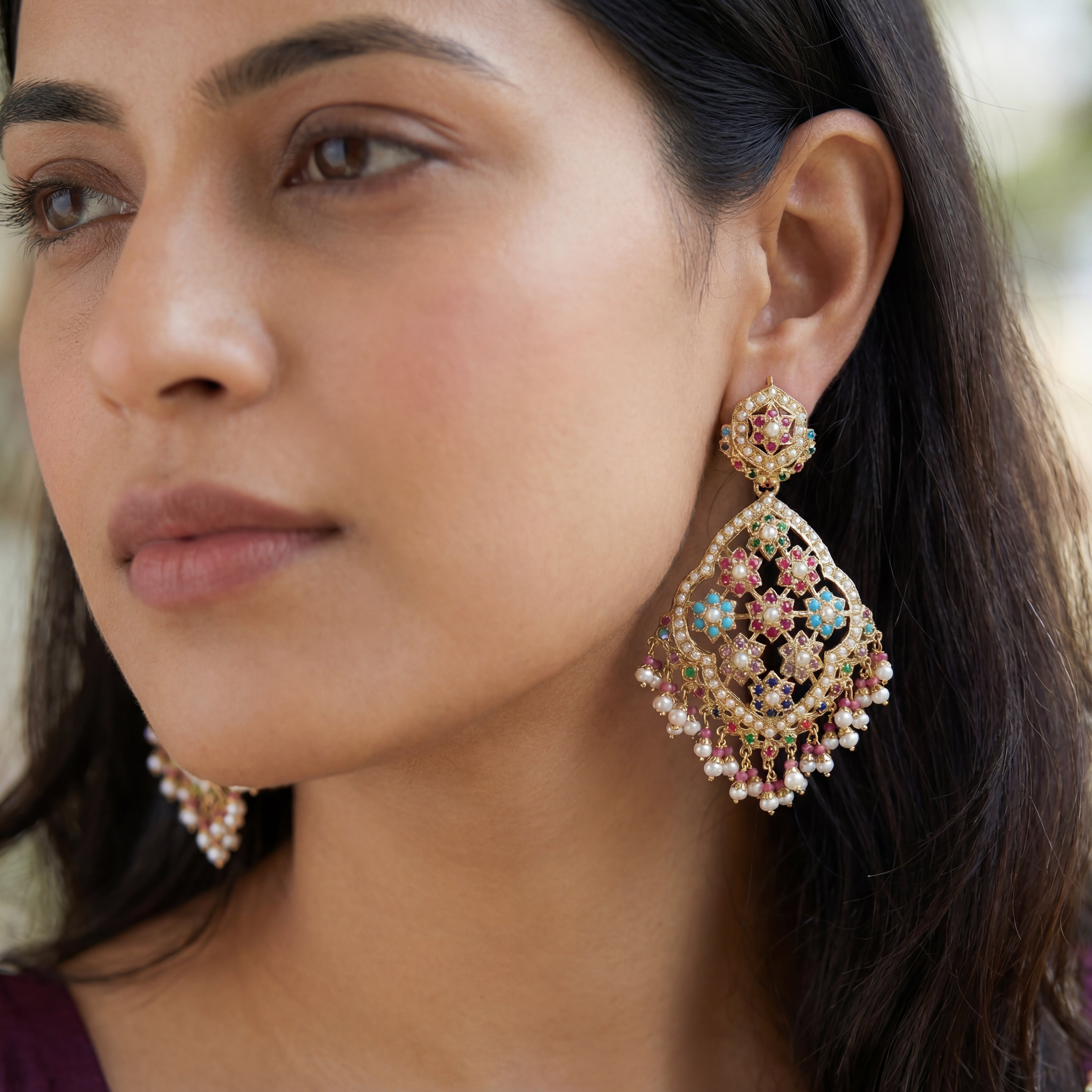 Navaratan Jadau Earrings | Gold Plated Silver | Statement Danglers ER 127