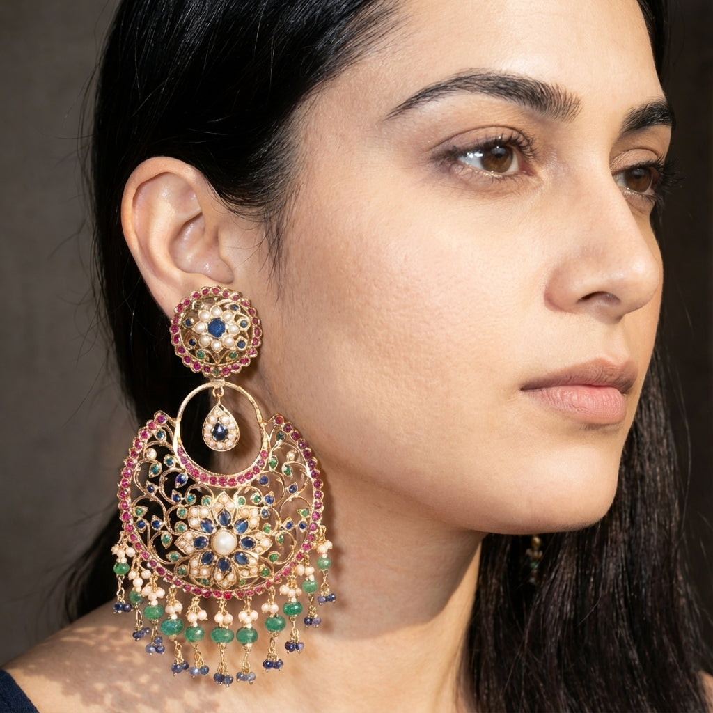 Multicoloured Jadau Chandbali Earrings | Statement Chandbali Earrings | Heritage Jadau Jewellery | ER 453