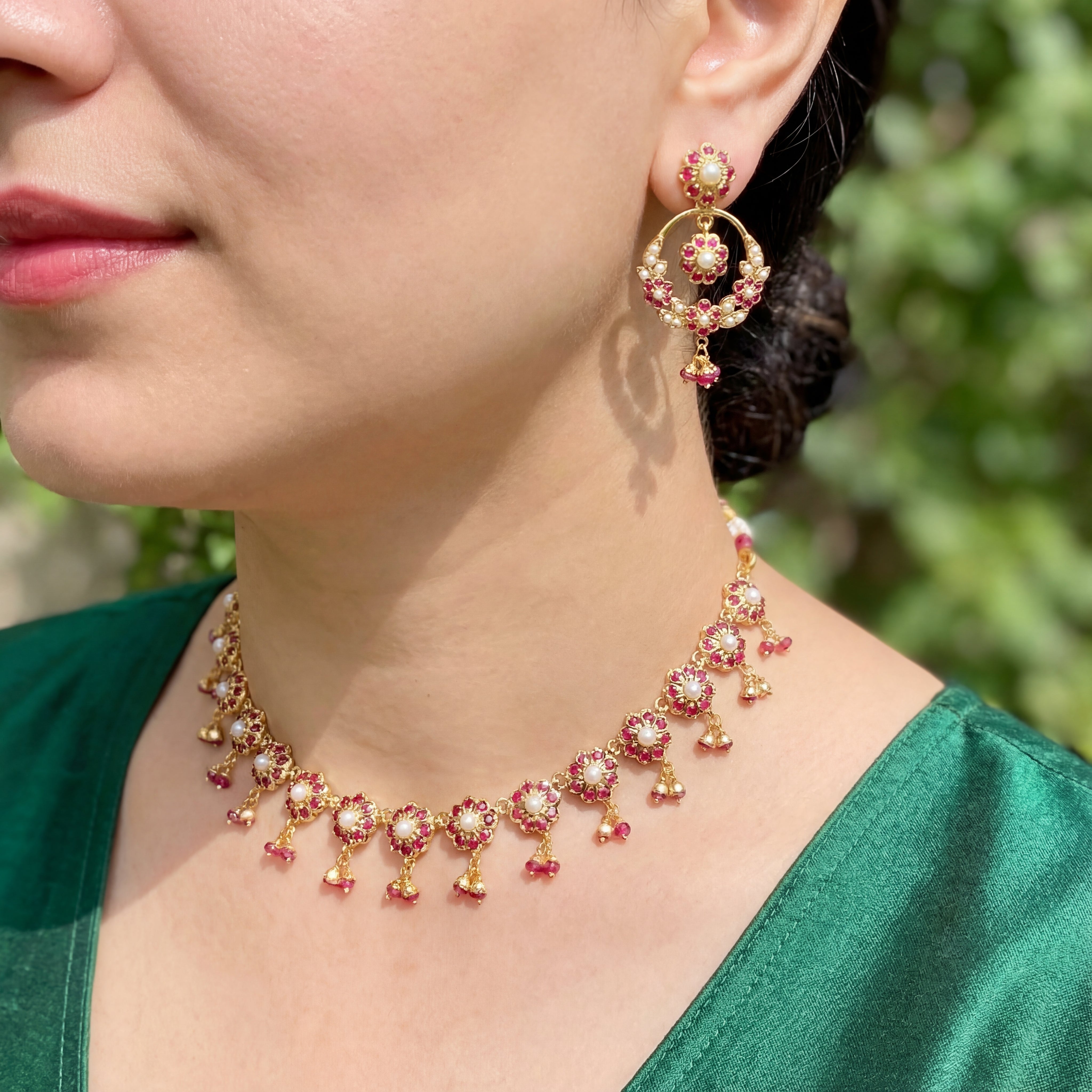 Gold Plated Floral Ruby Set | Delicate Necklace & Chandbali Earrings For Gifting NS 299