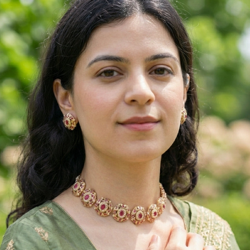 Delicate Indian Choker Set | Pearl Ruby Combination | Gold Plated on Silver NS 389