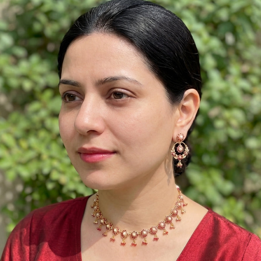 Gold Plated Floral Ruby Set | Delicate Necklace & Chandbali Earrings For Gifting NS 299