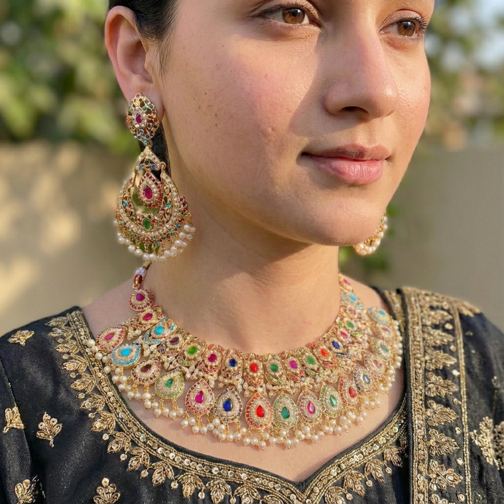 Statement Bridal Navrattan Necklace Set | Bridal Jadau Jewellery | Statement Jewellery Pieces | NS 354