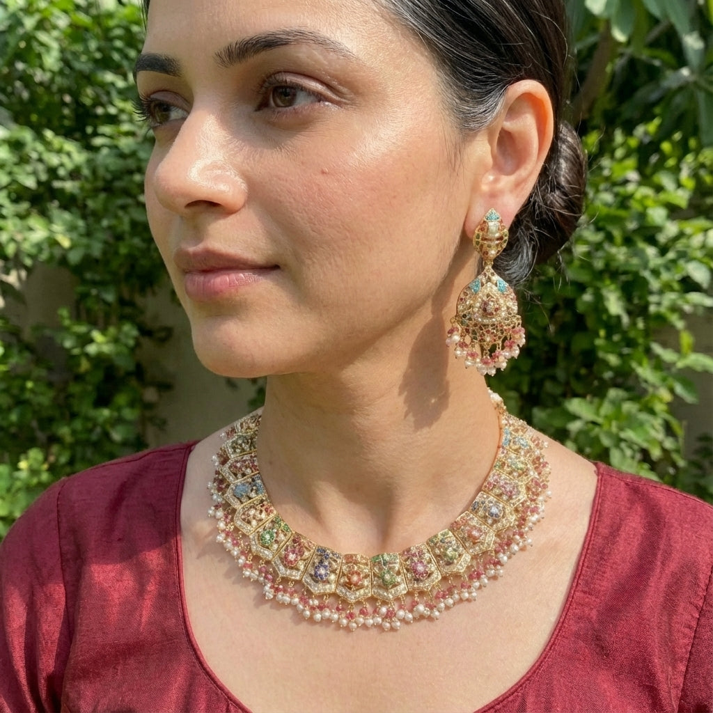 Traditional Navratna Jadau Set | Gold Plated Silver NS 071