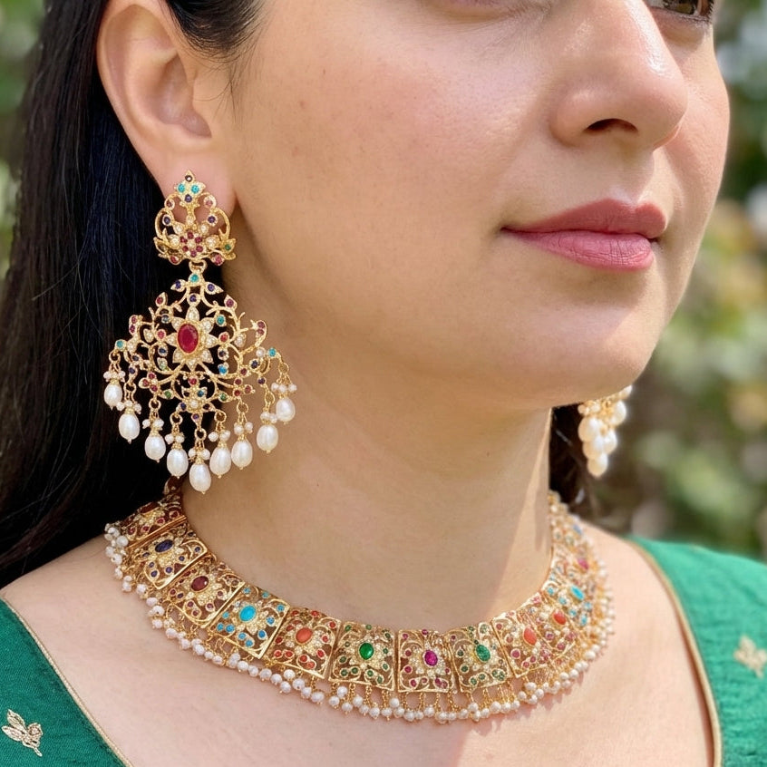 పెళ్లికూతురు నవరత్నాల నెక్లెస్ సెట్ | బ్రాడ్ నెక్లెస్ | స్టేట్మెంట్ చెవిపోగులు NS 338