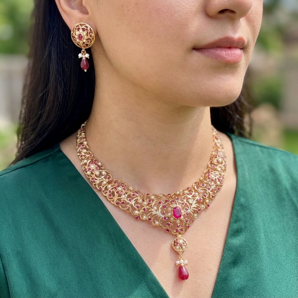 Edwardian Era Vintage Design | Silver Necklace Set with Gold Plating NS 397