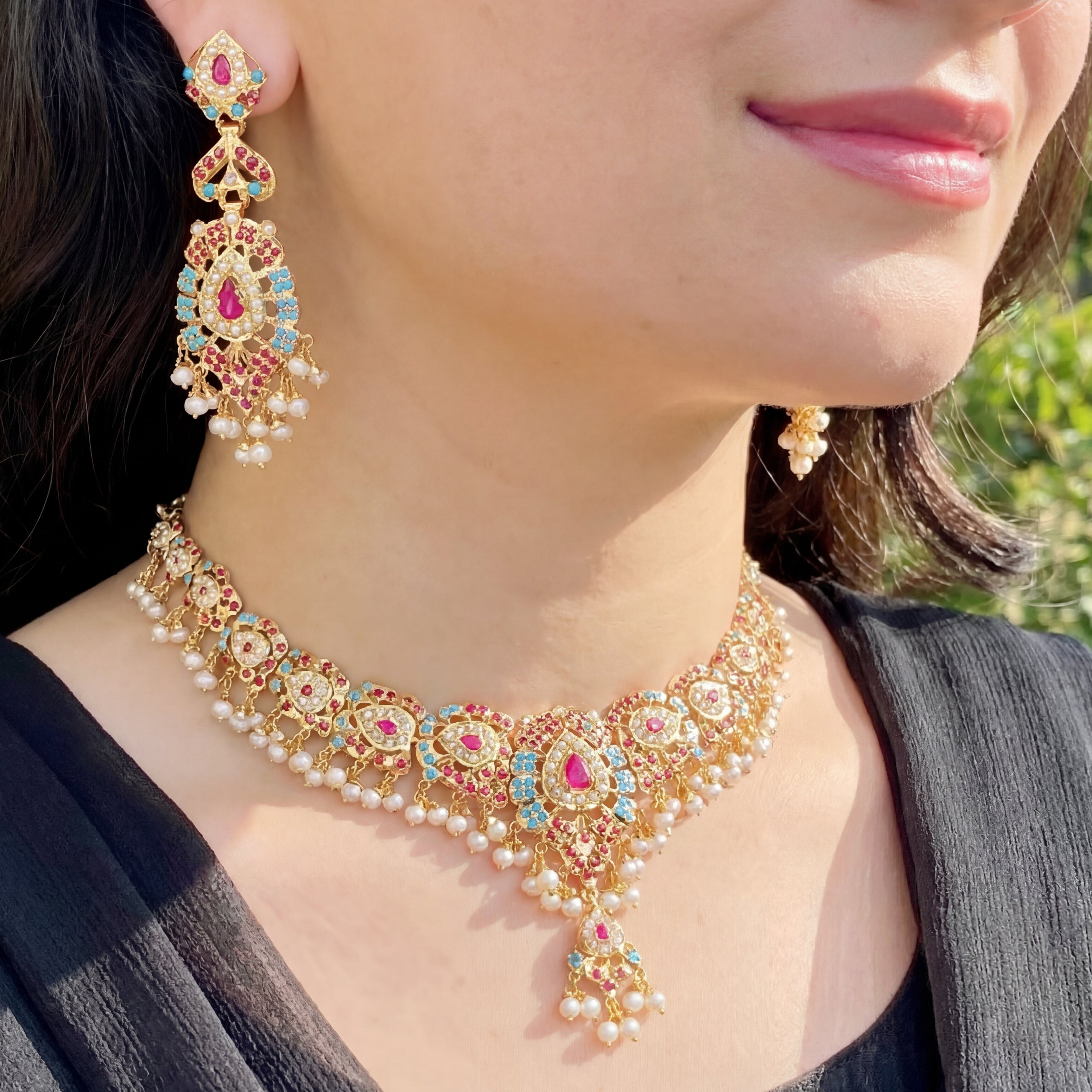 Jadau Set in Multicolours | Indian Jadau Jewelry | Gold Plated 925 Silver NS 164