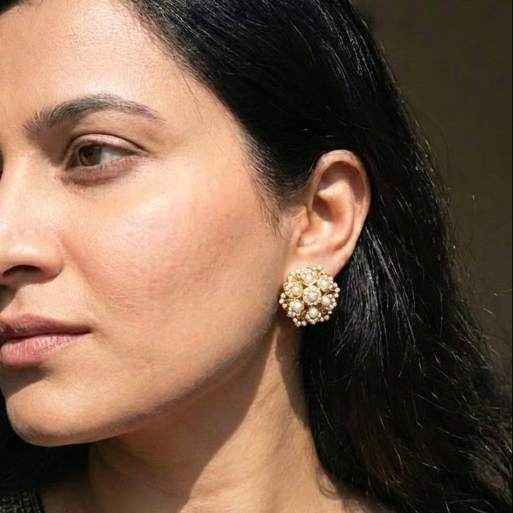 Classic Hyderabadi Pearl Stud Earrings | Round Tops for Women | Gold Plated Silver Jewelry For Gifting ER 425