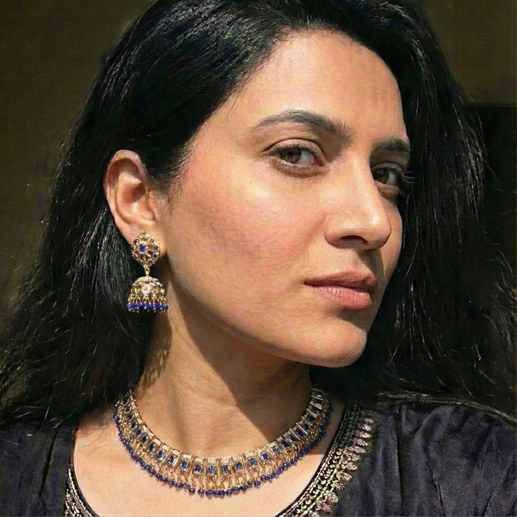 Simple Elegant Jadau Necklace With Jhumka | Gold Plated on Silver | Blue Sapphire & Pearls NS 411