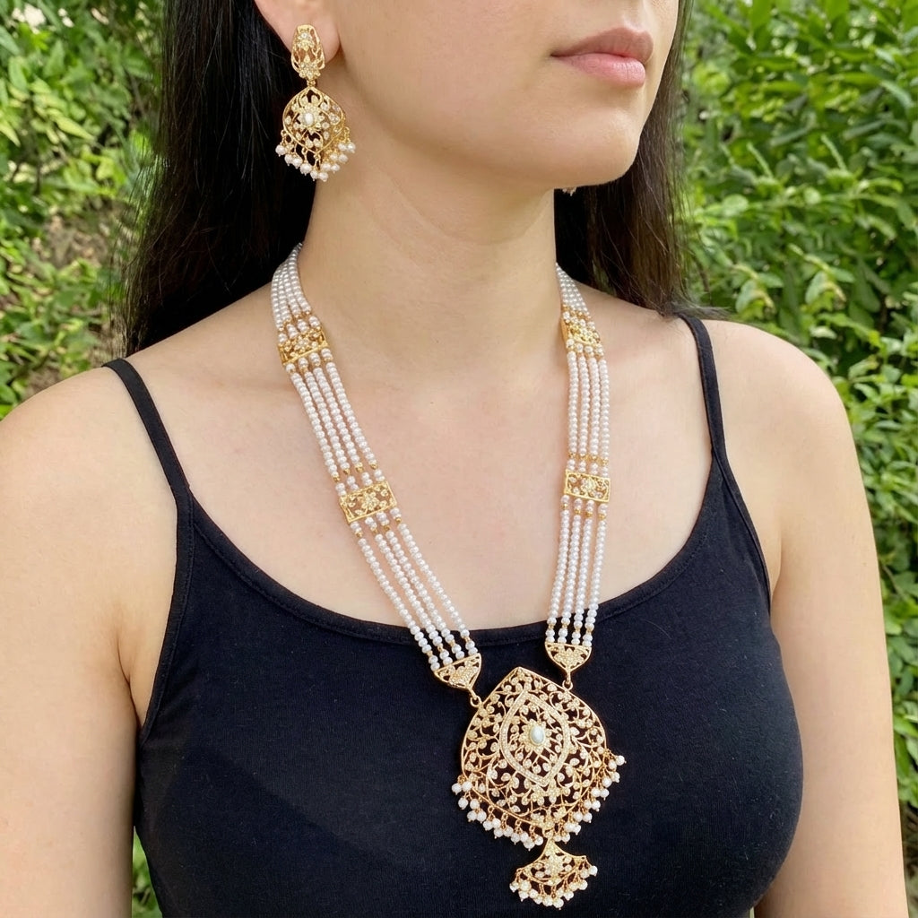 Rani Haar | Gold Plated Pearl Rani Haar Set | Long Haar Design NS 145