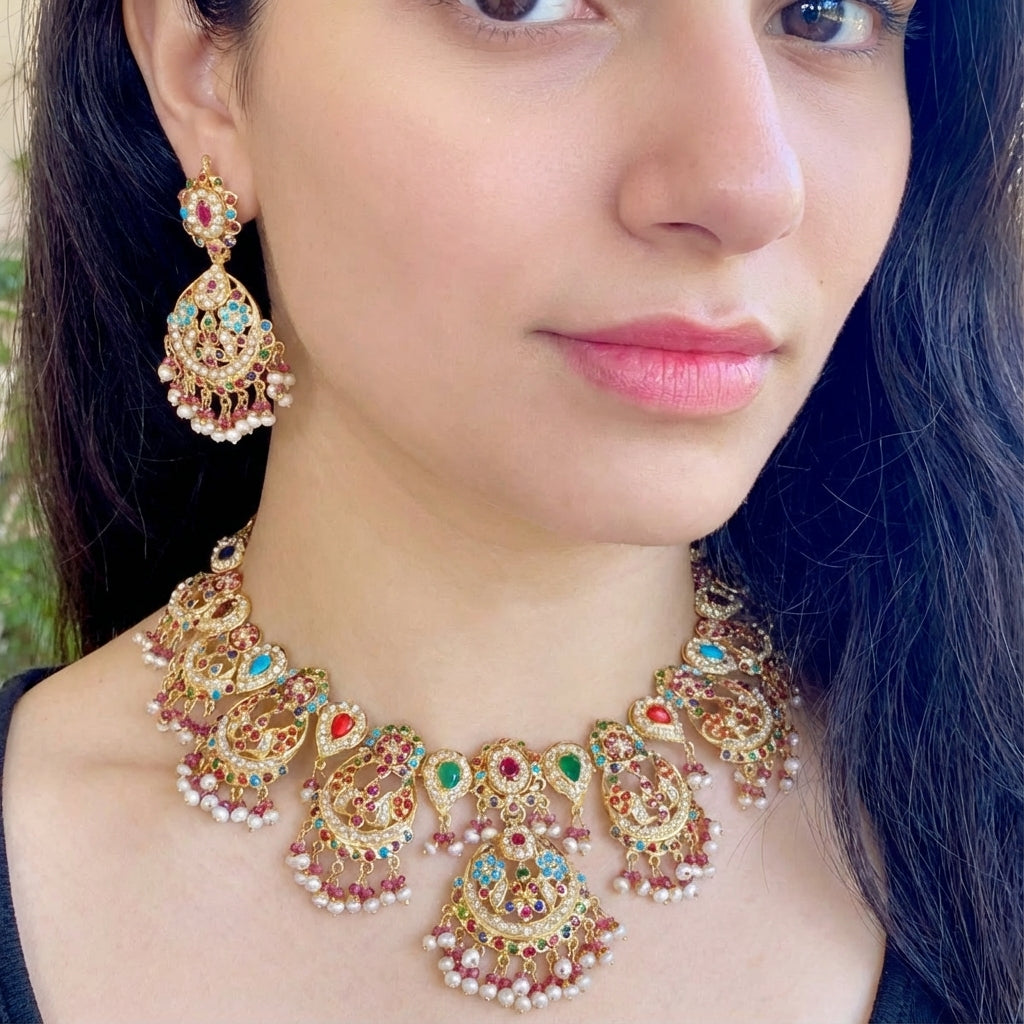नवरत्न जड़ाऊ सेट | दुल्हन के लिए | गोल्ड प्लेटेड सिल्वर NS 156