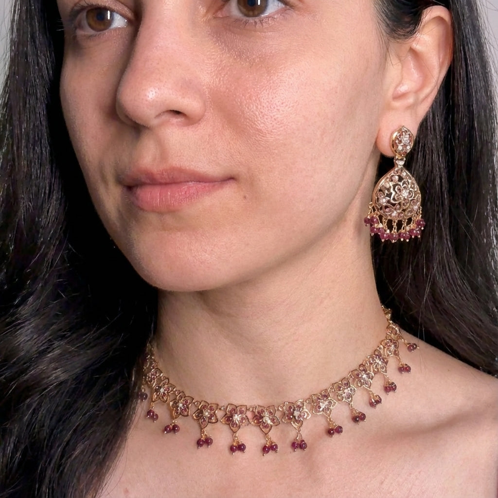 Minimal Necklace Set | Pearls & Garnet Combination | Gold Plated Silver NS 401