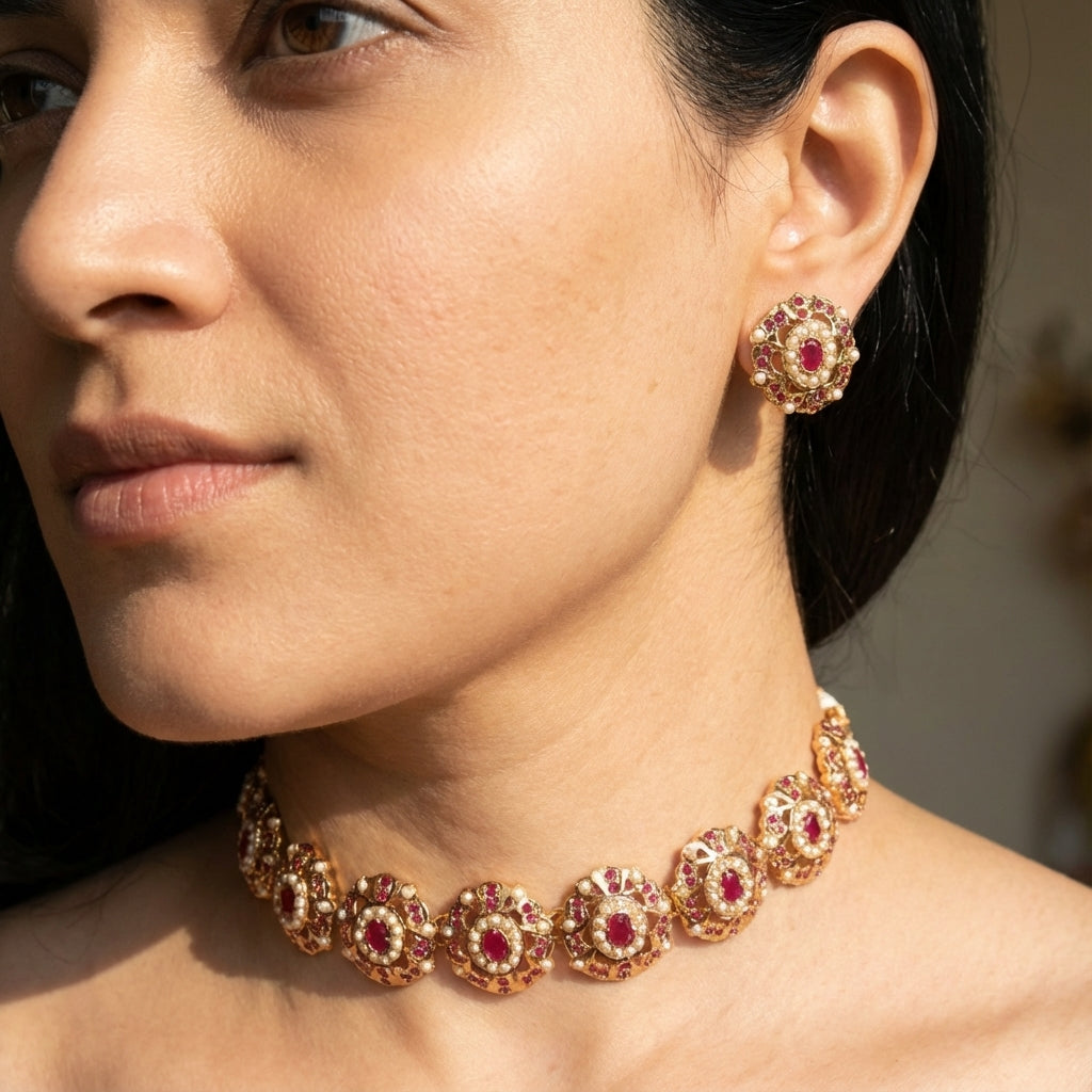 Delicate Indian Choker Set | Pearl Ruby Combination | Gold Plated on Silver NS 389