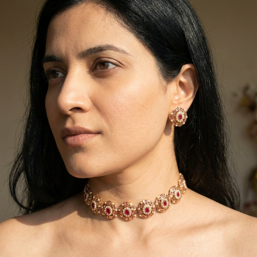 Delicate Indian Choker Set | Pearl Ruby Combination | Gold Plated on Silver NS 389