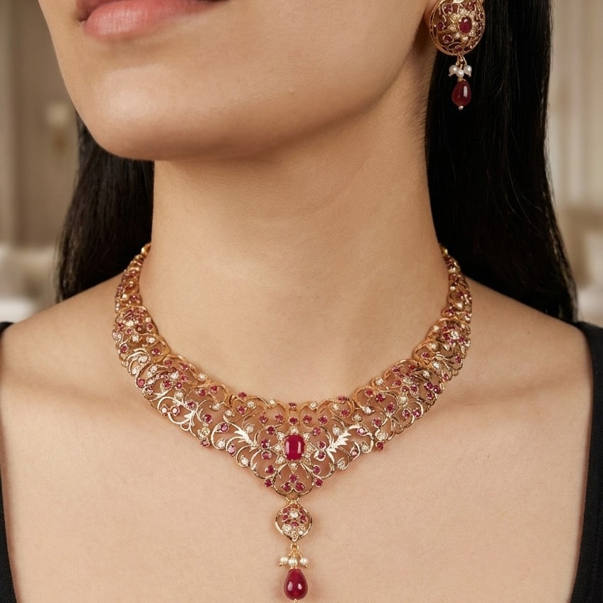 Edwardian Era Vintage Design | Silver Necklace Set with Gold Plating NS 397