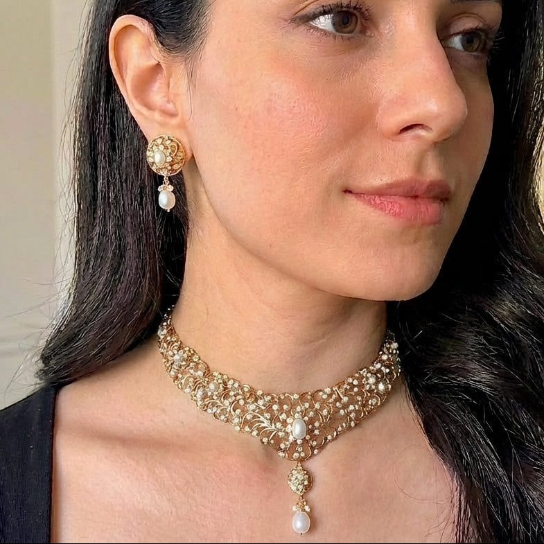 Antique Style Pearl Necklace Set | Edwardian Design | Gold Plated on Silver NS 369