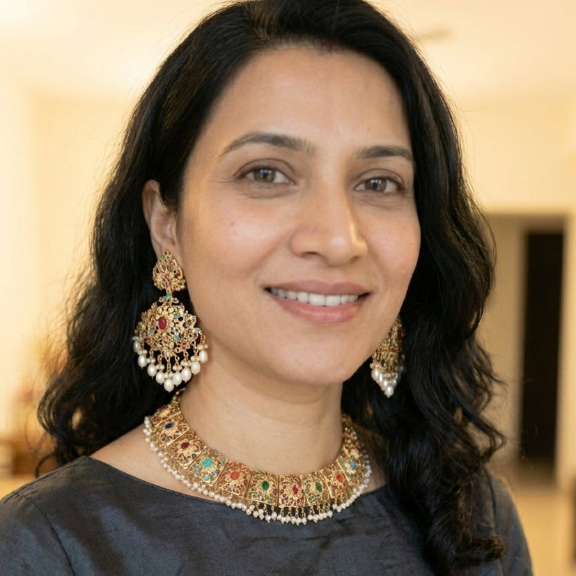 ब्राइडल नवरात्रि नेकलेस सेट | ब्रॉड नेकलेस | स्टेटमेंट इयररिंग्स NS 338