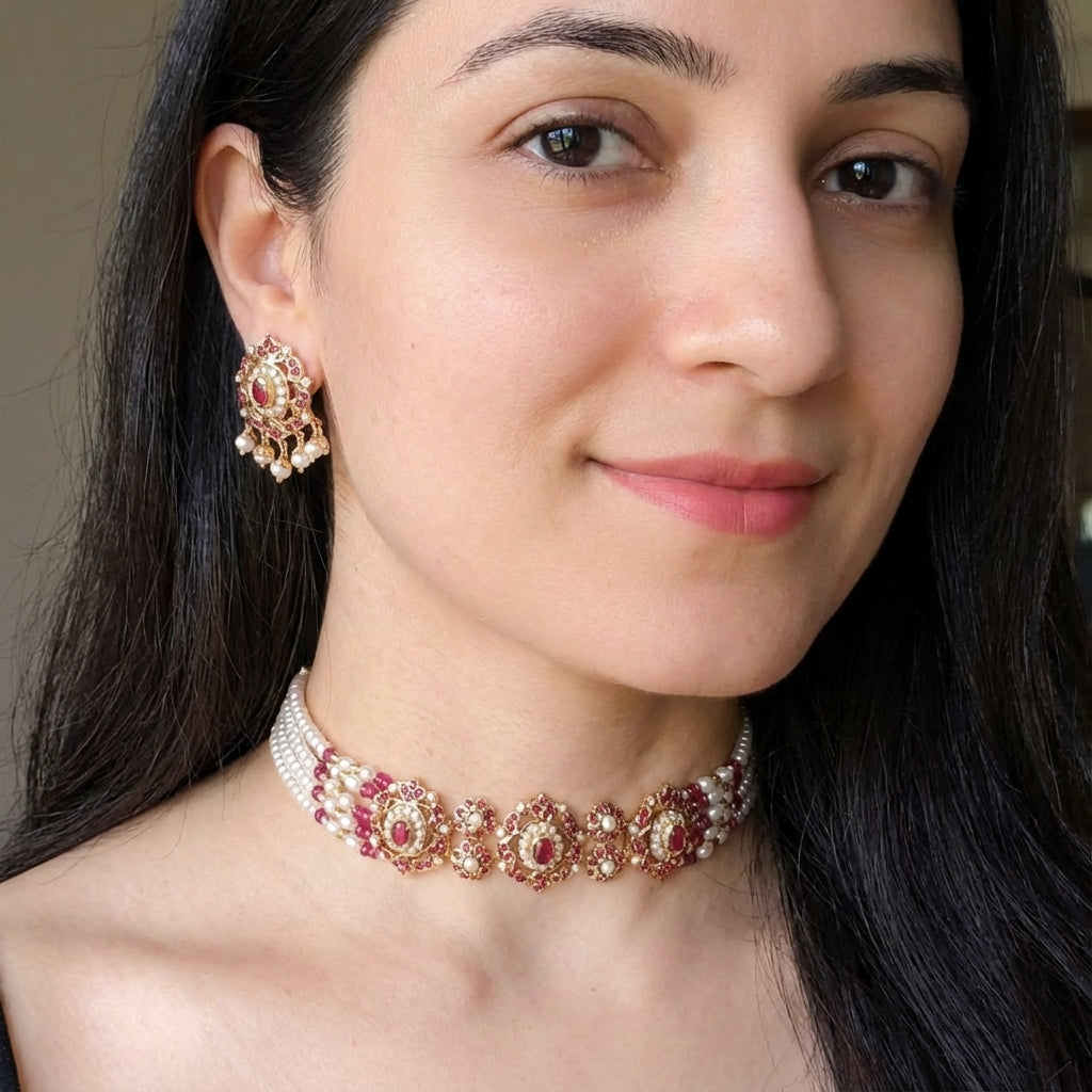 Choker Set For Women | Gold Plated on Silver | Ruby Pearl Combination NS 381