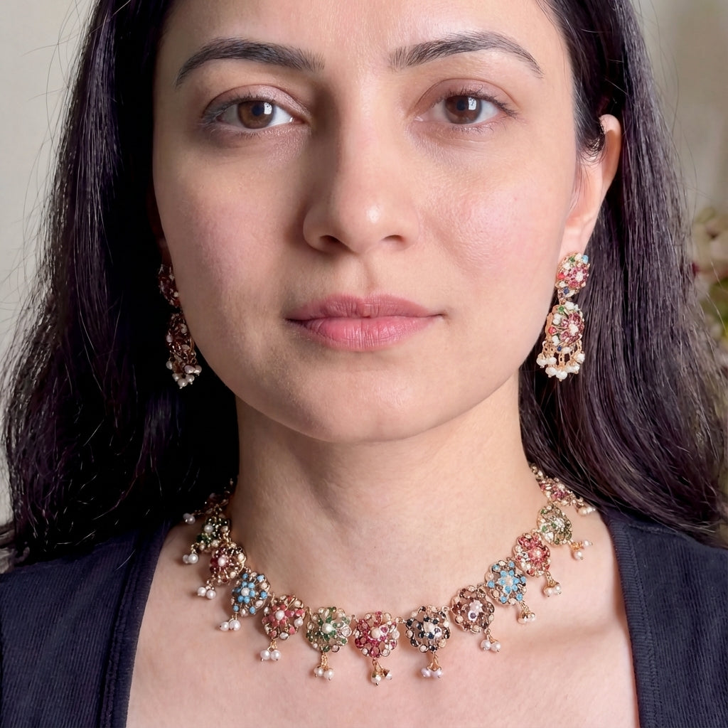 Cute Navratan Necklace Set | 925 Silver Gold Plated NS 372