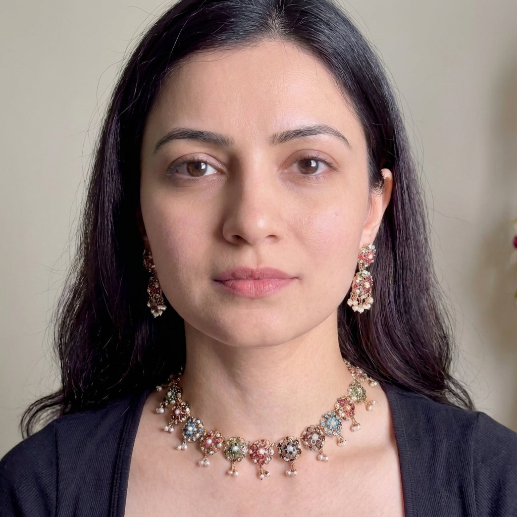 Cute Navratan Necklace Set | 925 Silver Gold Plated NS 372