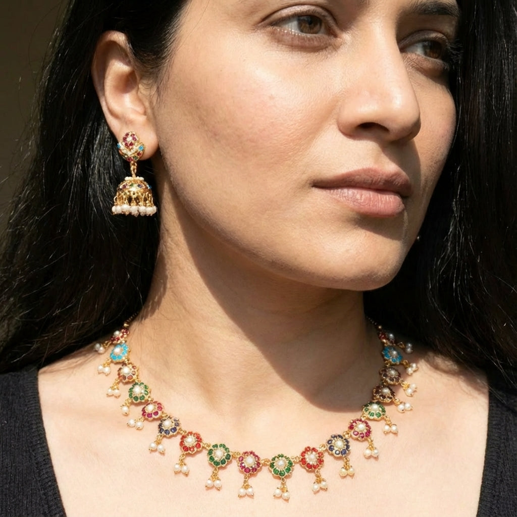 తెలివిగా & మినిమలిస్ట్ నెక్లెస్ సెట్ | బంగారు పూత పూసిన నవరత్న సెట్ NS 335